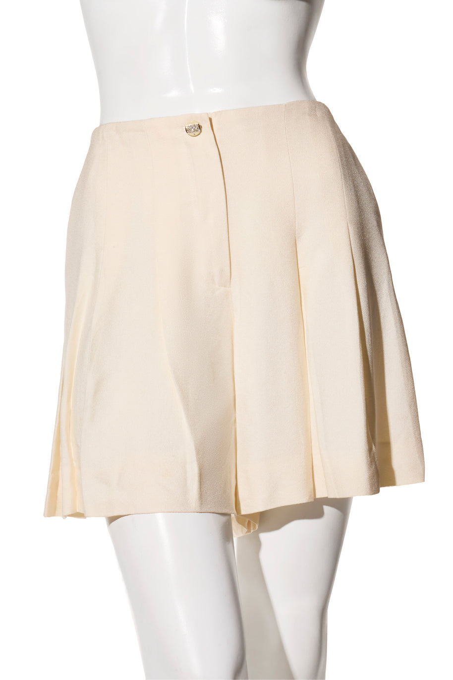Chanel Spring 2012 Cream Silk Pleated Shorts with Crystal CC Button FR 38
