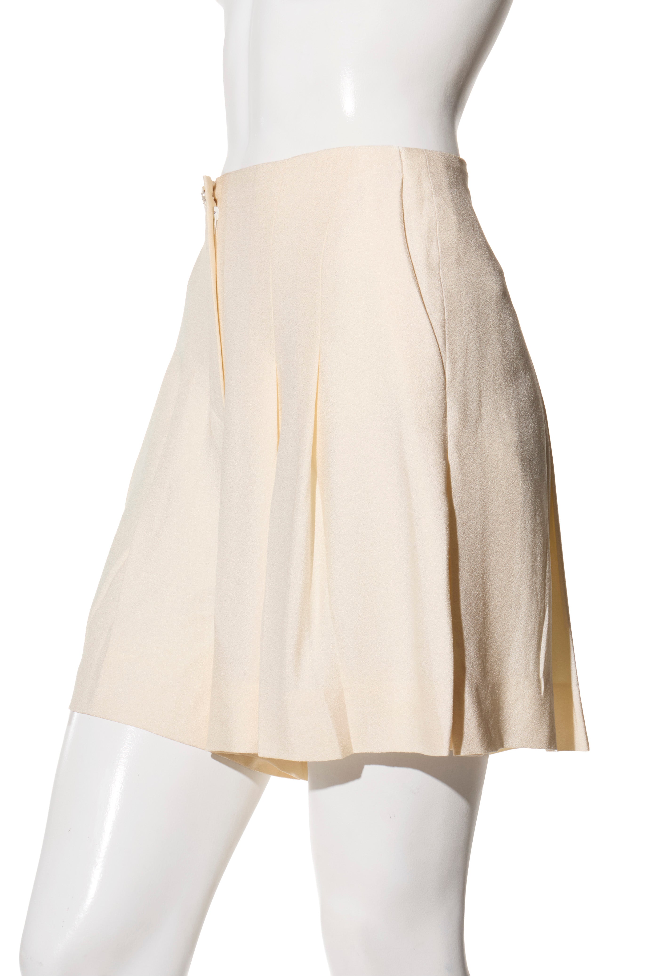Chanel Spring 2012 Cream Silk Pleated Shorts with Crystal CC Button FR 38