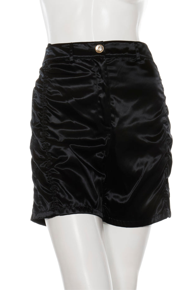 Chanel Spring/Summer 2021 Black Satin Ruched Shorts with No.5 Button FR 40