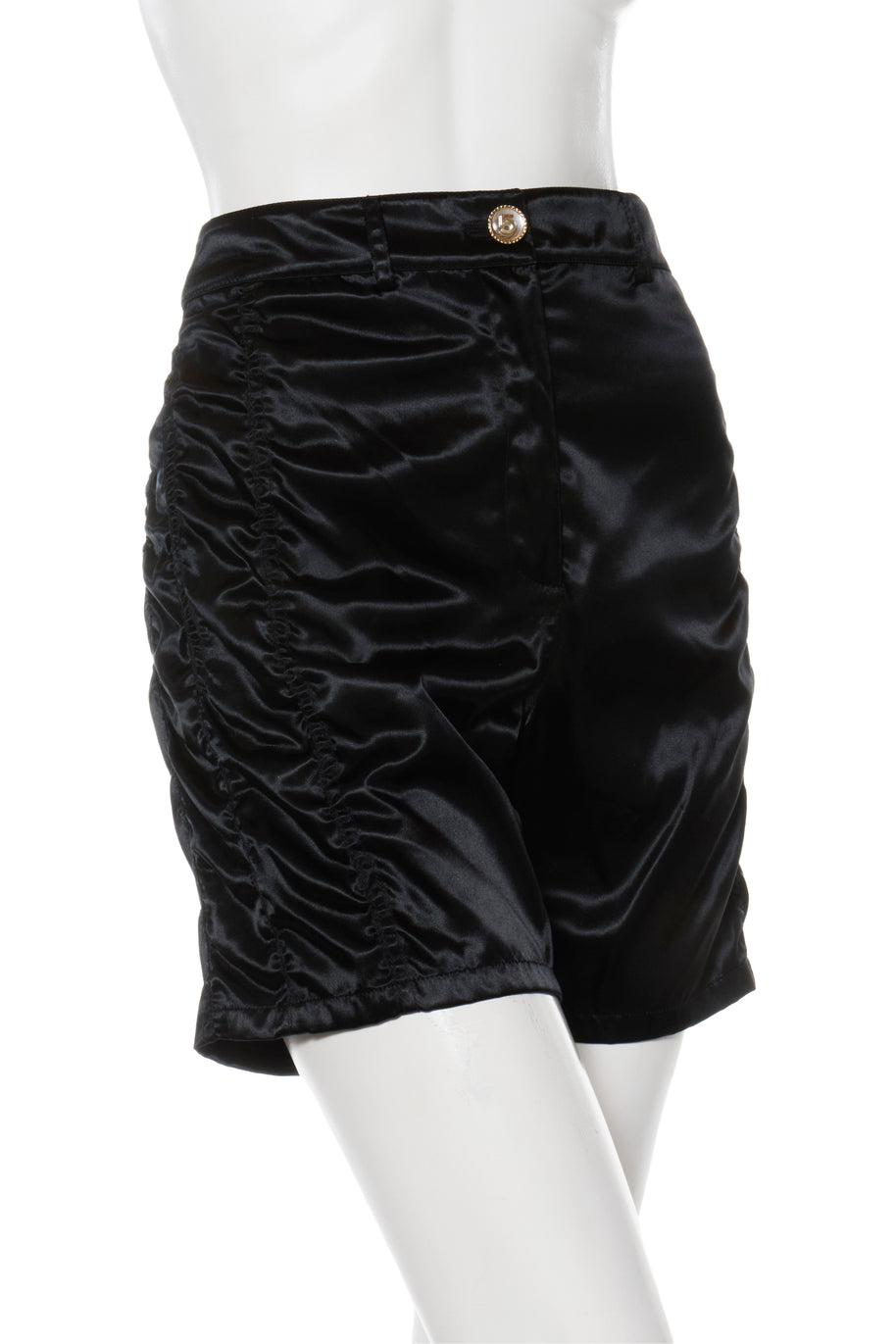 Chanel Spring/Summer 2021 Black Satin Ruched Shorts with No.5 Button FR 40