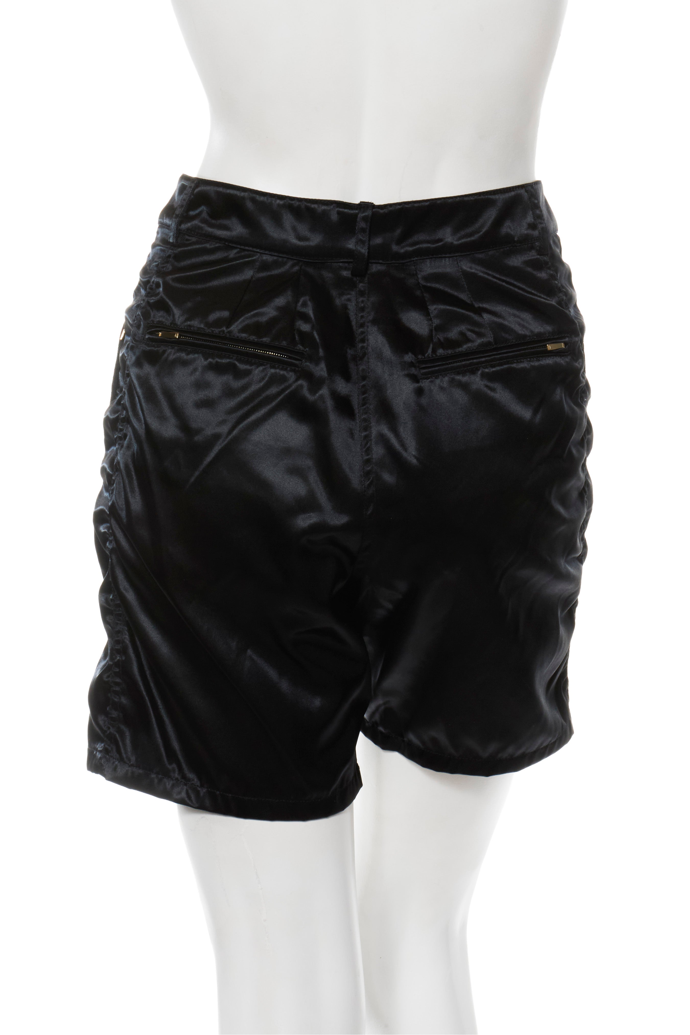 Chanel Spring/Summer 2021 Black Satin Ruched Shorts with No.5 Button FR 40