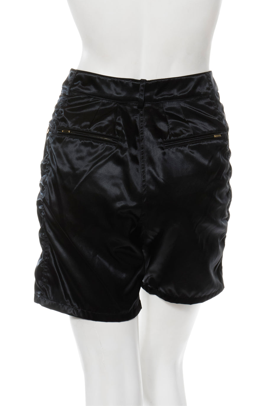 Chanel Spring/Summer 2021 Black Satin Ruched Shorts with No.5 Button FR 40