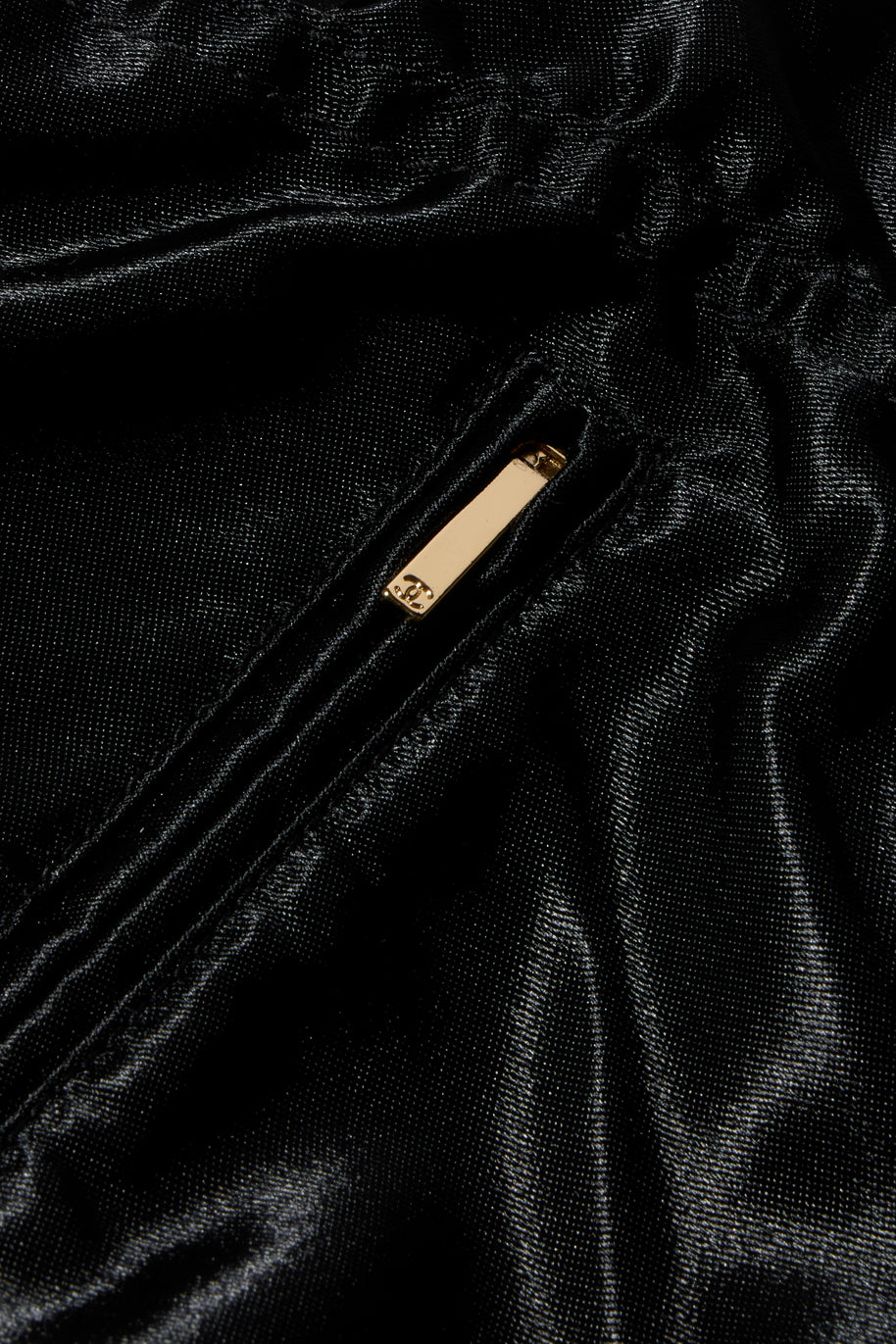 Chanel Spring/Summer 2021 Black Satin Ruched Shorts with No.5 Button FR 40