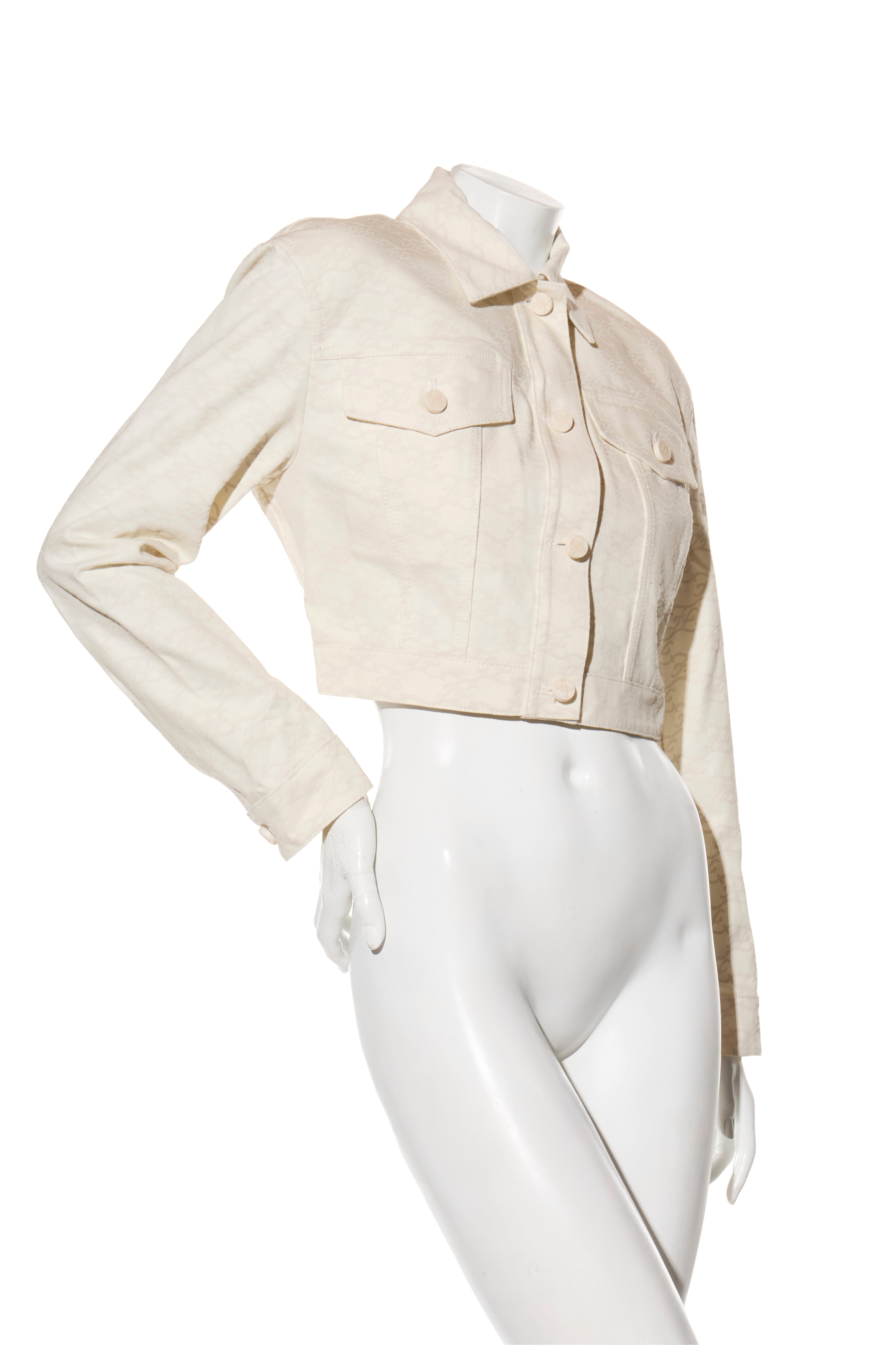 Fendi Women's Ivory FF Monogram Denim Jacket & Pants Set IT 40 / US 4 Made in Italy