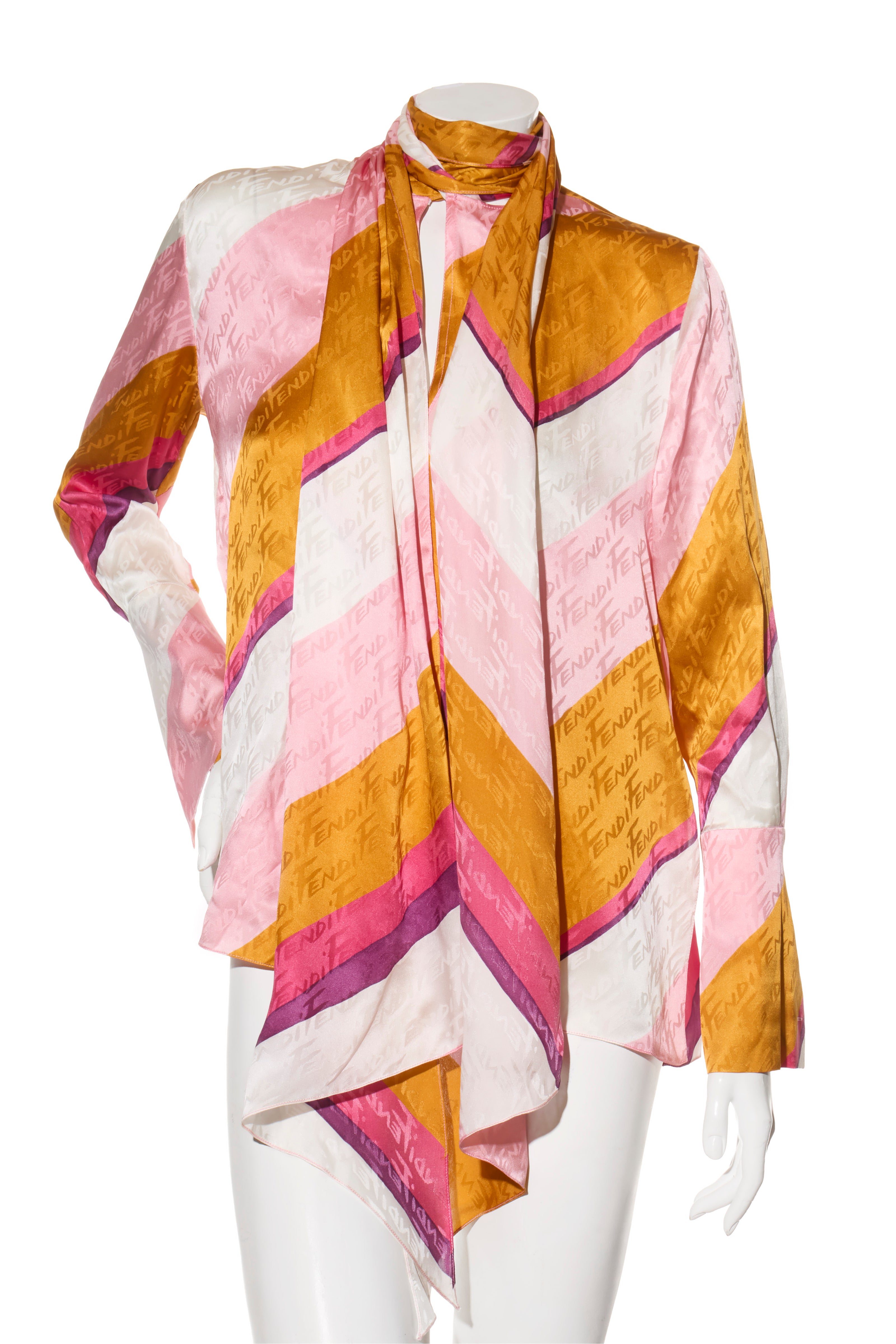 Fendi Spring 2022 Runway Silk Logo Pink Jacquard Stripe Set (Top & Pants), IT 40