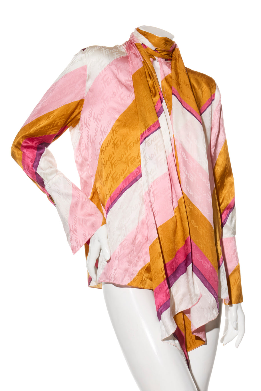 Fendi Spring 2022 Runway Silk Logo Pink Jacquard Stripe Set (Top & Pants), IT 40