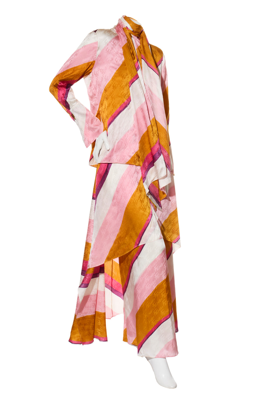 Fendi Spring 2022 Runway Silk Logo Pink Jacquard Stripe Set (Top & Pants), IT 40