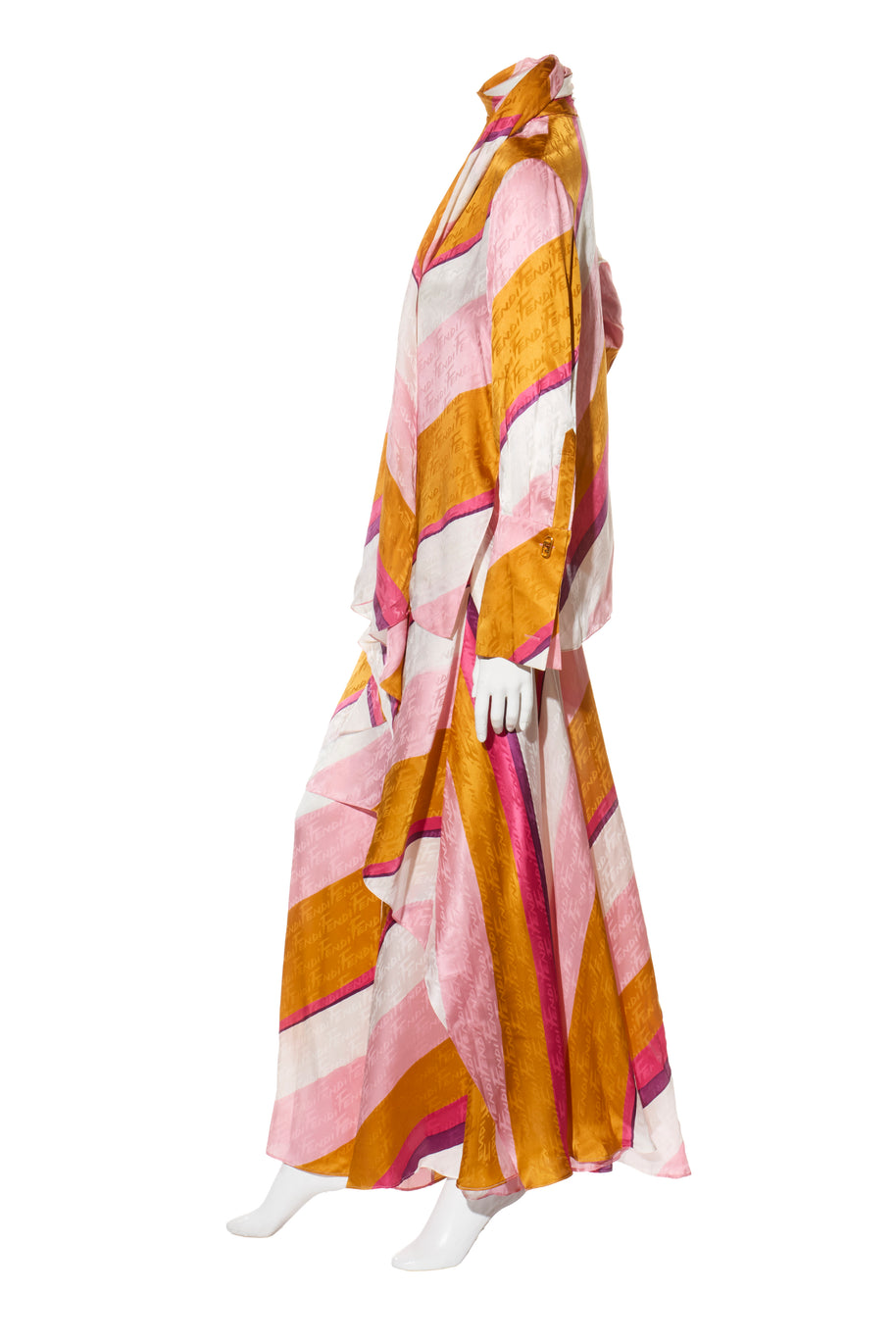 Fendi Spring 2022 Runway Silk Logo Pink Jacquard Stripe Set (Top & Pants), IT 40