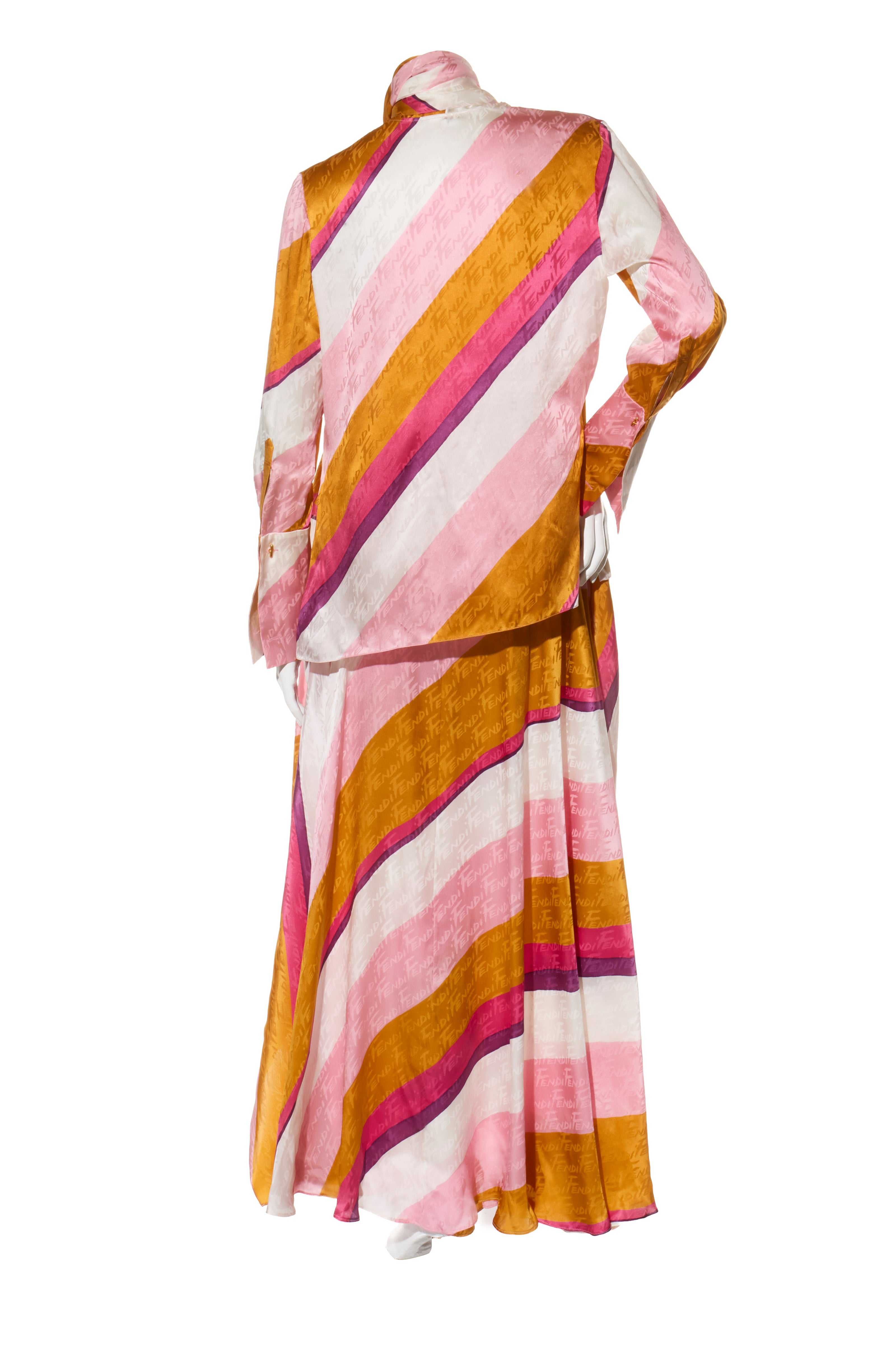 Fendi Spring 2022 Runway Silk Logo Pink Jacquard Stripe Set (Top & Pants), IT 40