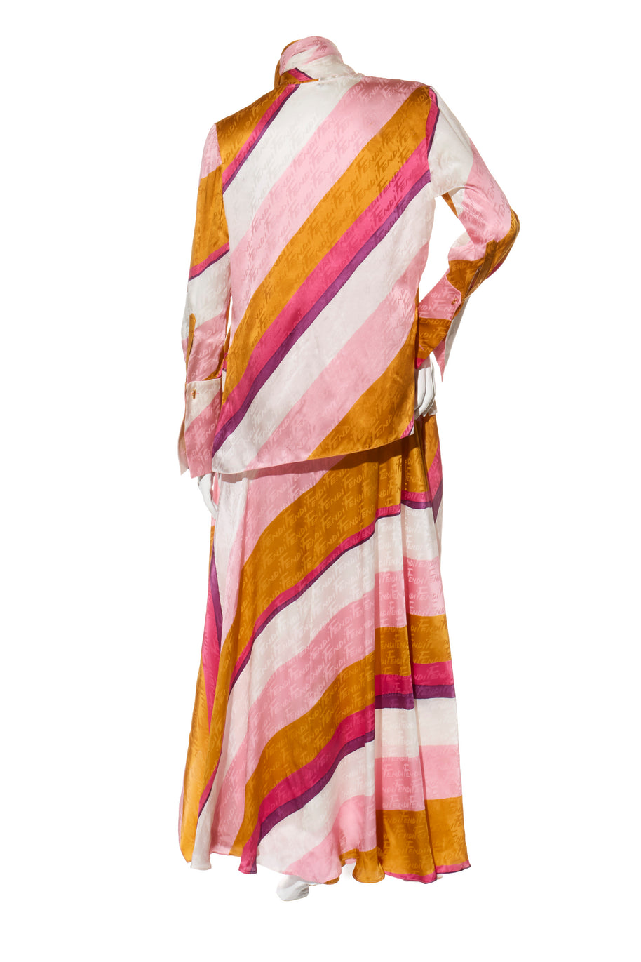 Fendi Spring 2022 Runway Silk Logo Pink Jacquard Stripe Set (Top & Pants), IT 40