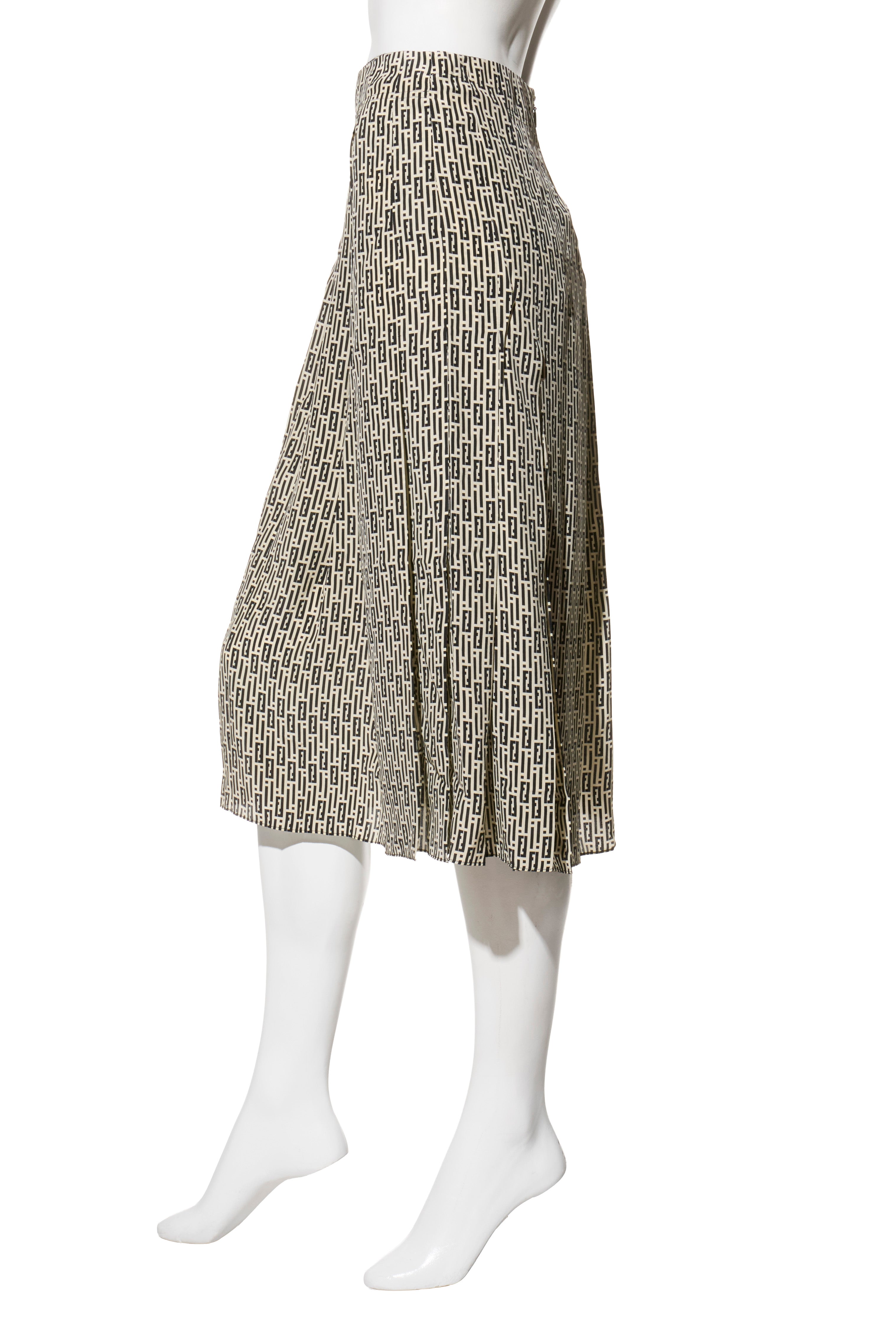 Fendi Pre-Fall 2012 Rare Black Ivory Monogram Wool Silk 3-Piece Skirt Suit Set (Coat, Blouse, Skirt)