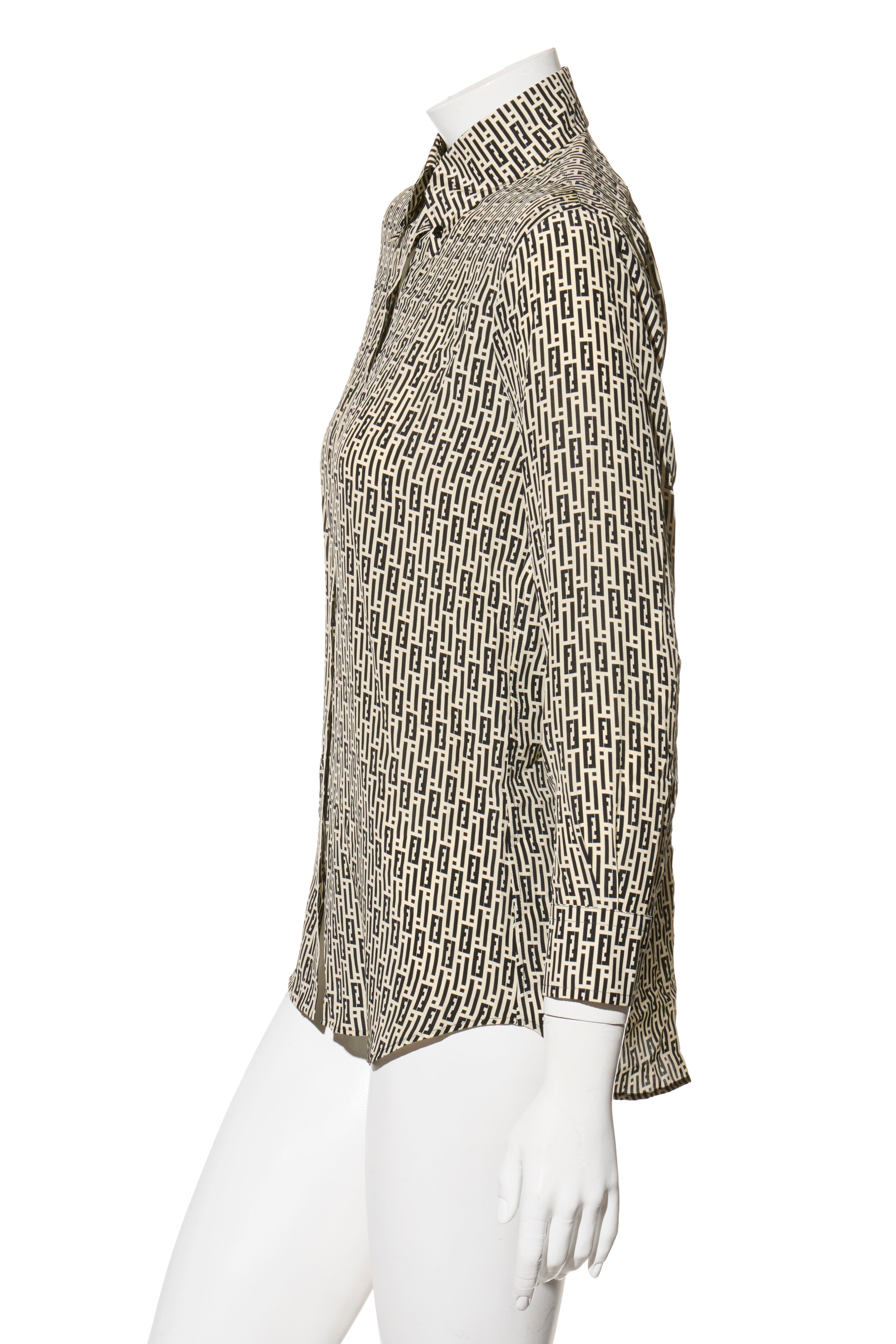 Fendi Pre-Fall 2012 Rare Black Ivory Monogram Wool Silk 3-Piece Skirt Suit Set (Coat, Blouse, Skirt)