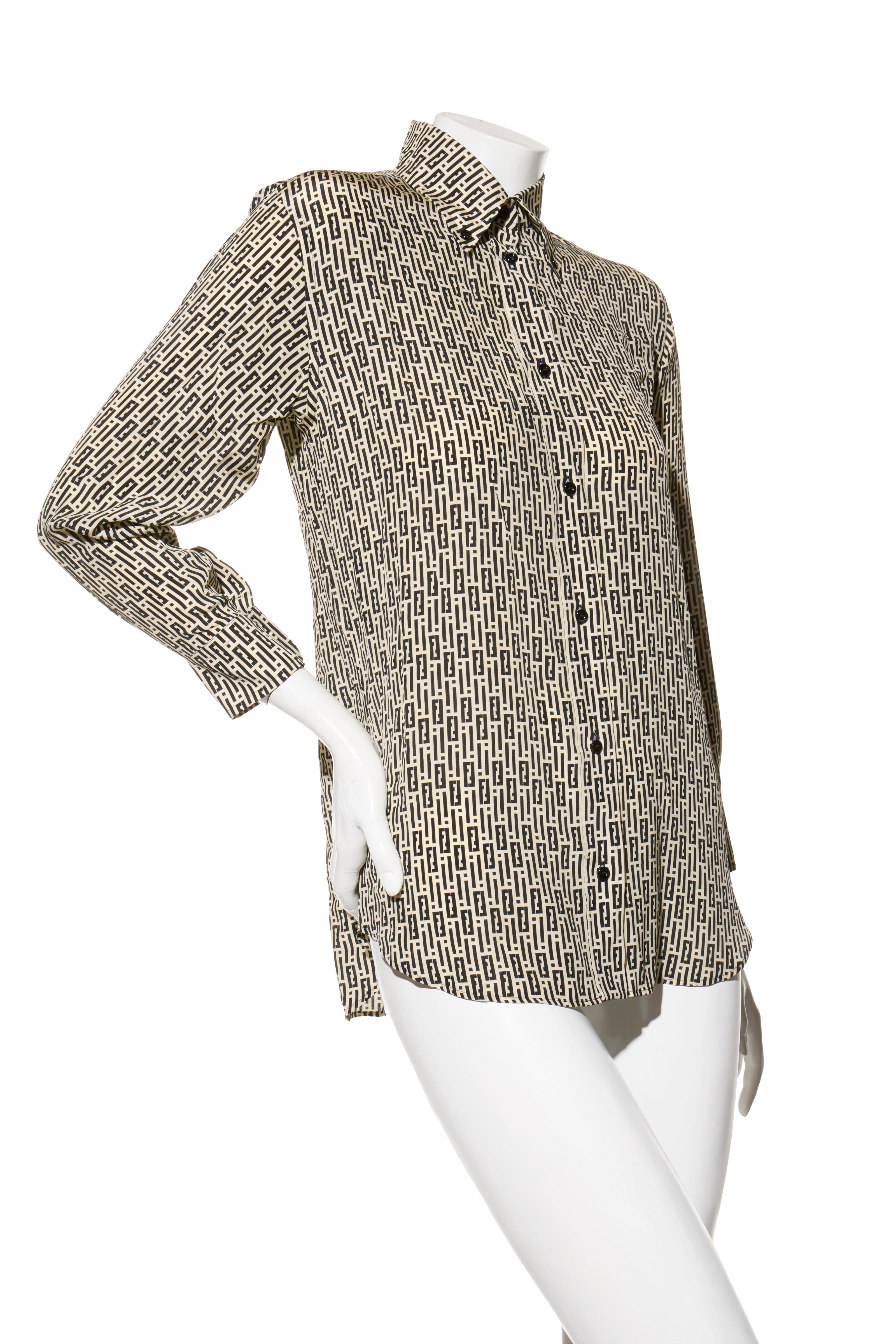 Fendi Pre-Fall 2012 Rare Black Ivory Monogram Wool Silk 3-Piece Skirt Suit Set (Coat, Blouse, Skirt)