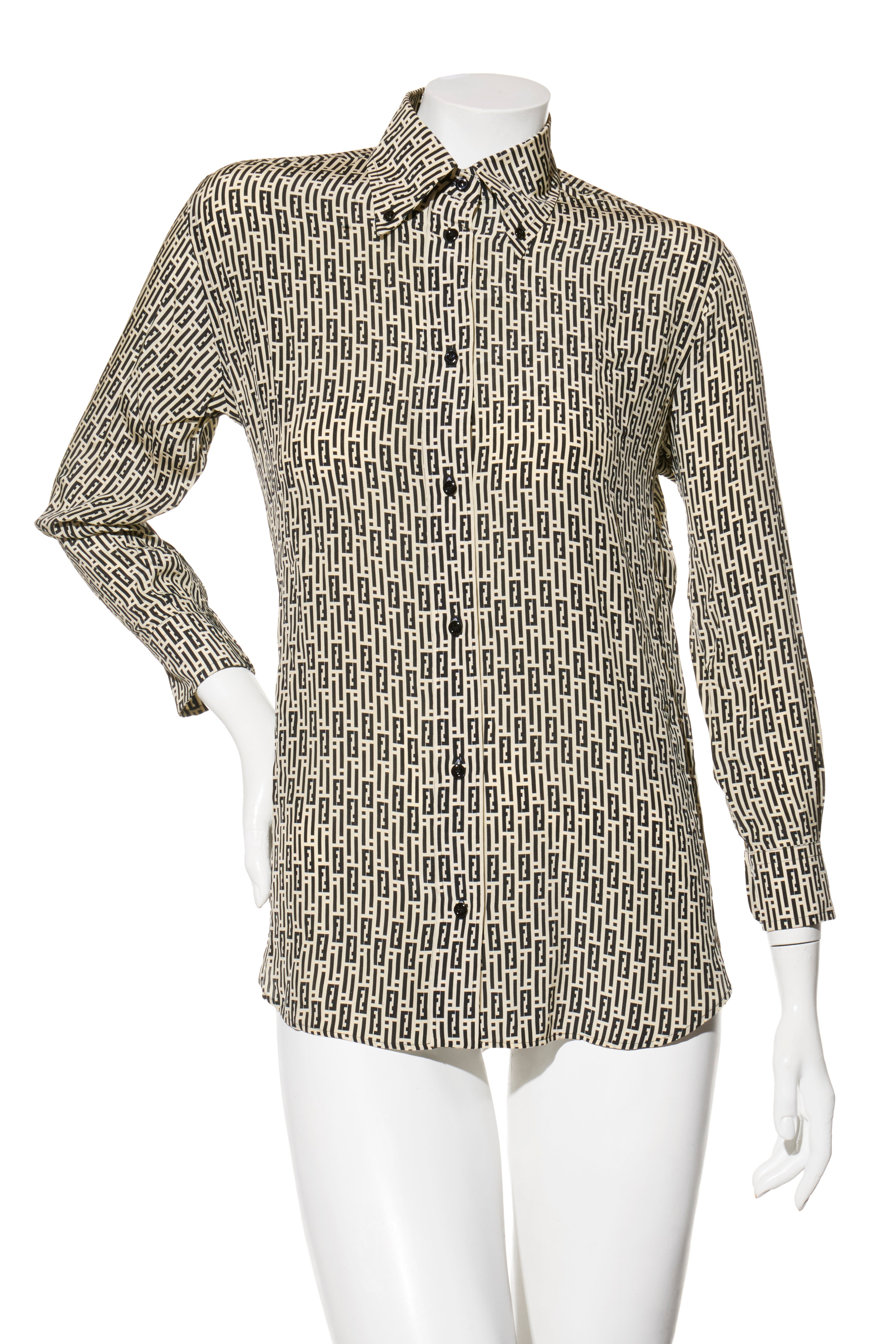 Fendi Pre-Fall 2012 Rare Black Ivory Monogram Wool Silk 3-Piece Skirt Suit Set (Coat, Blouse, Skirt)