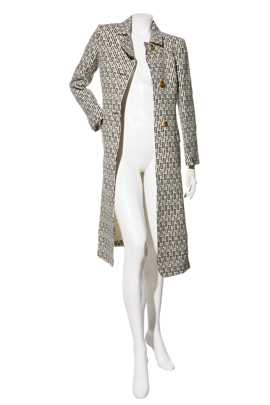 Fendi Pre-Fall 2012 Rare Black Ivory Monogram Wool Silk 3-Piece Skirt Suit Set (Coat, Blouse, Skirt)