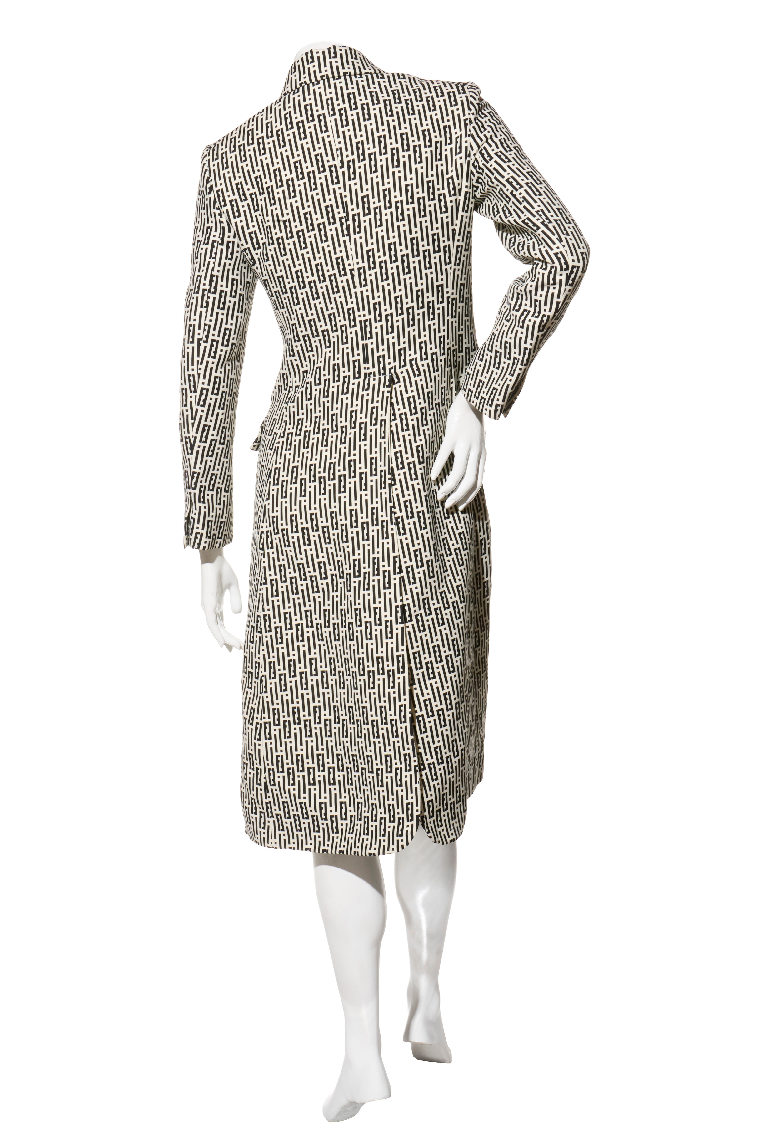 Fendi Pre-Fall 2012 Rare Black Ivory Monogram Wool Silk 3-Piece Skirt Suit Set (Coat, Blouse, Skirt)