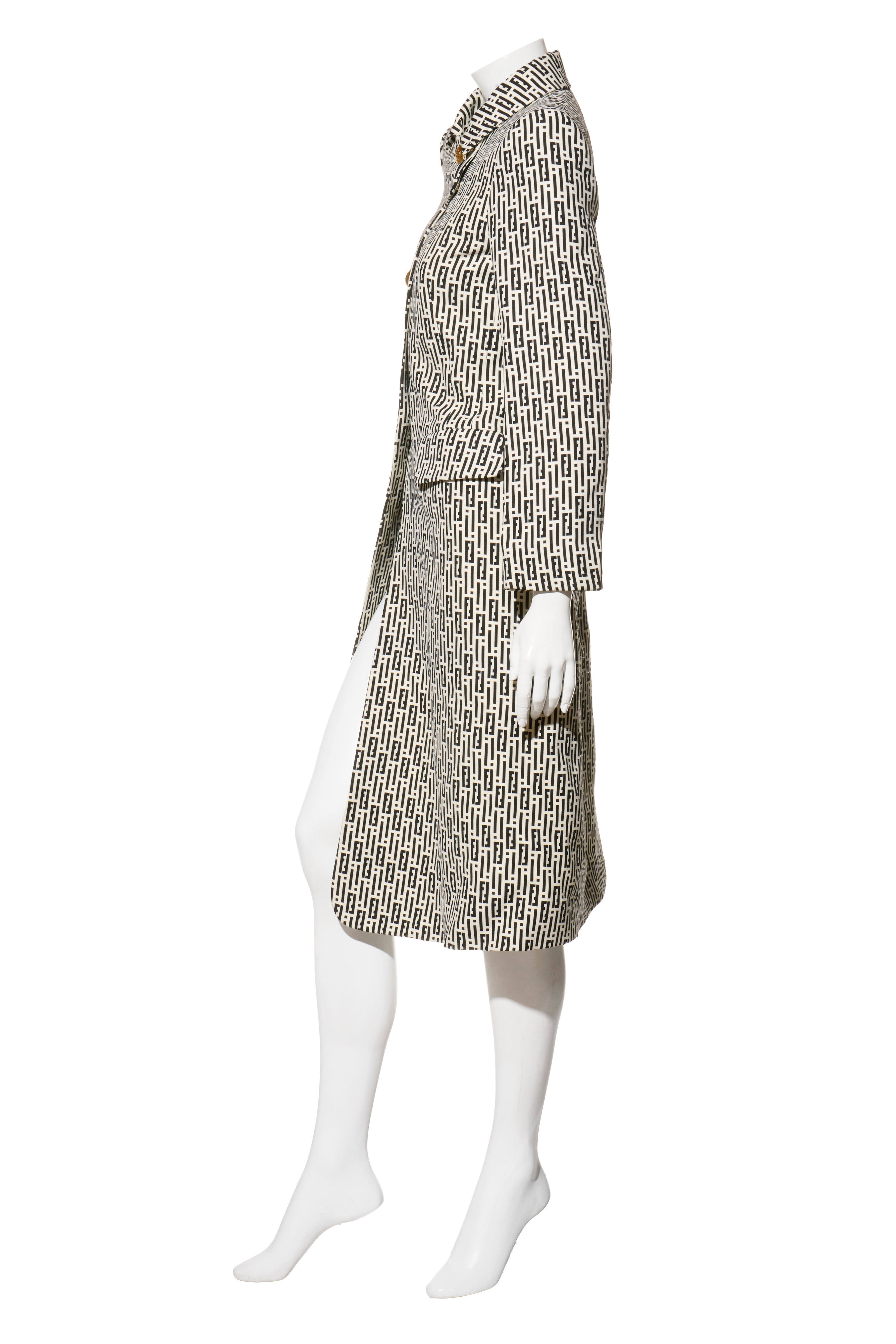 Fendi Pre-Fall 2012 Rare Black Ivory Monogram Wool Silk 3-Piece Skirt Suit Set (Coat, Blouse, Skirt)