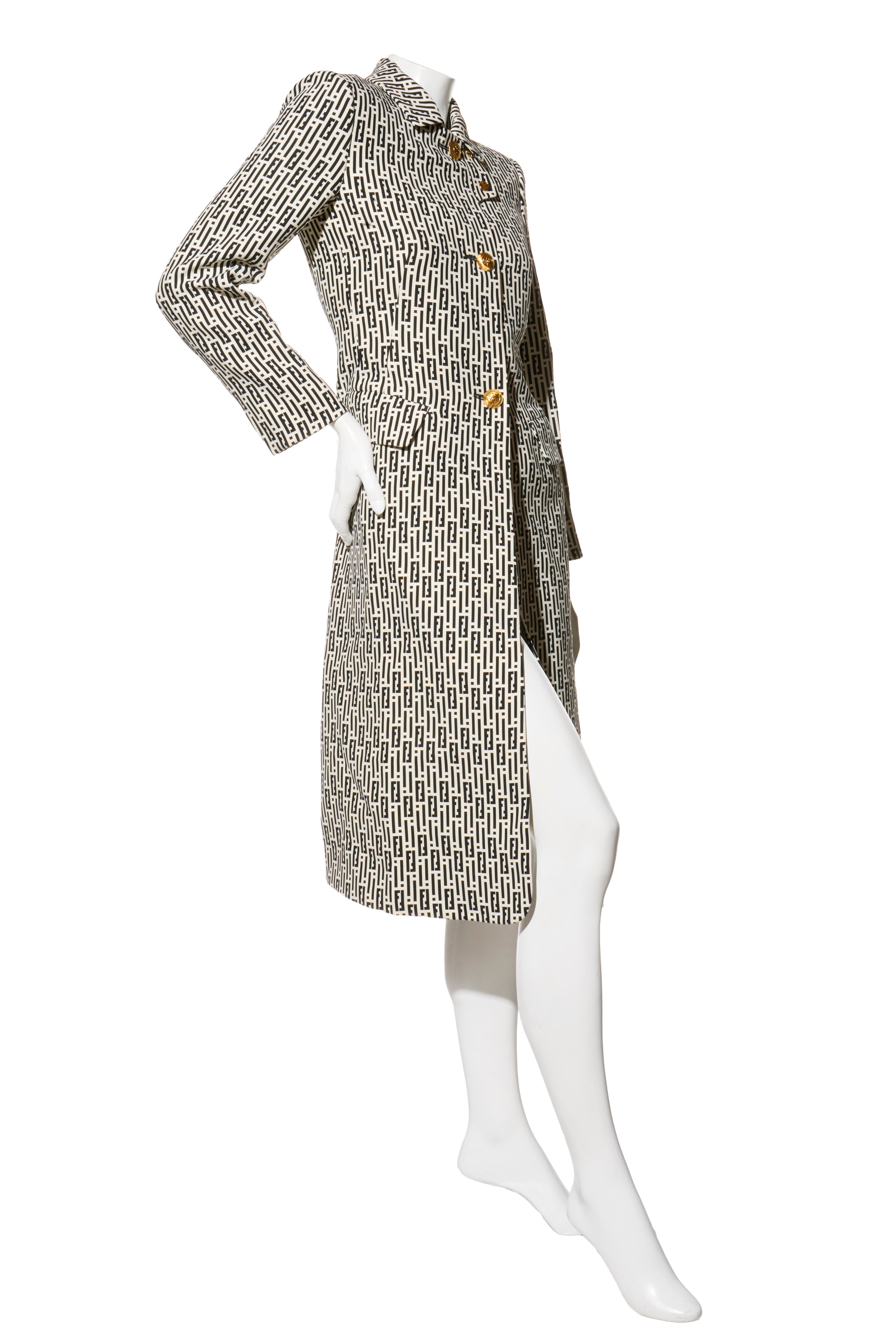Fendi Pre-Fall 2012 Rare Black Ivory Monogram Wool Silk 3-Piece Skirt Suit Set (Coat, Blouse, Skirt)