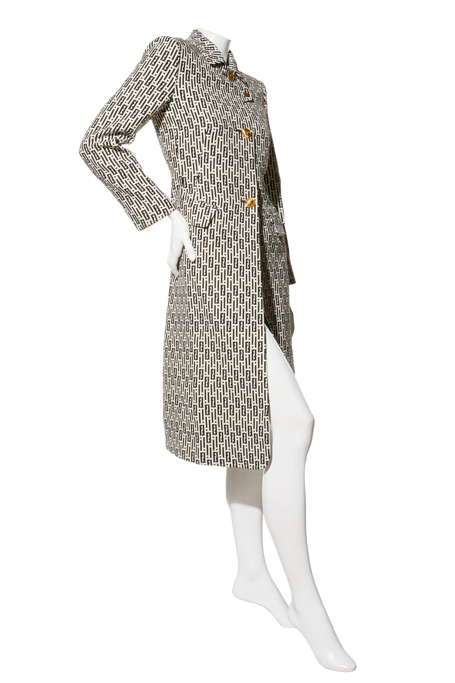 Fendi Pre-Fall 2012 Rare Black Ivory Monogram Wool Silk 3-Piece Skirt Suit Set (Coat, Blouse, Skirt)