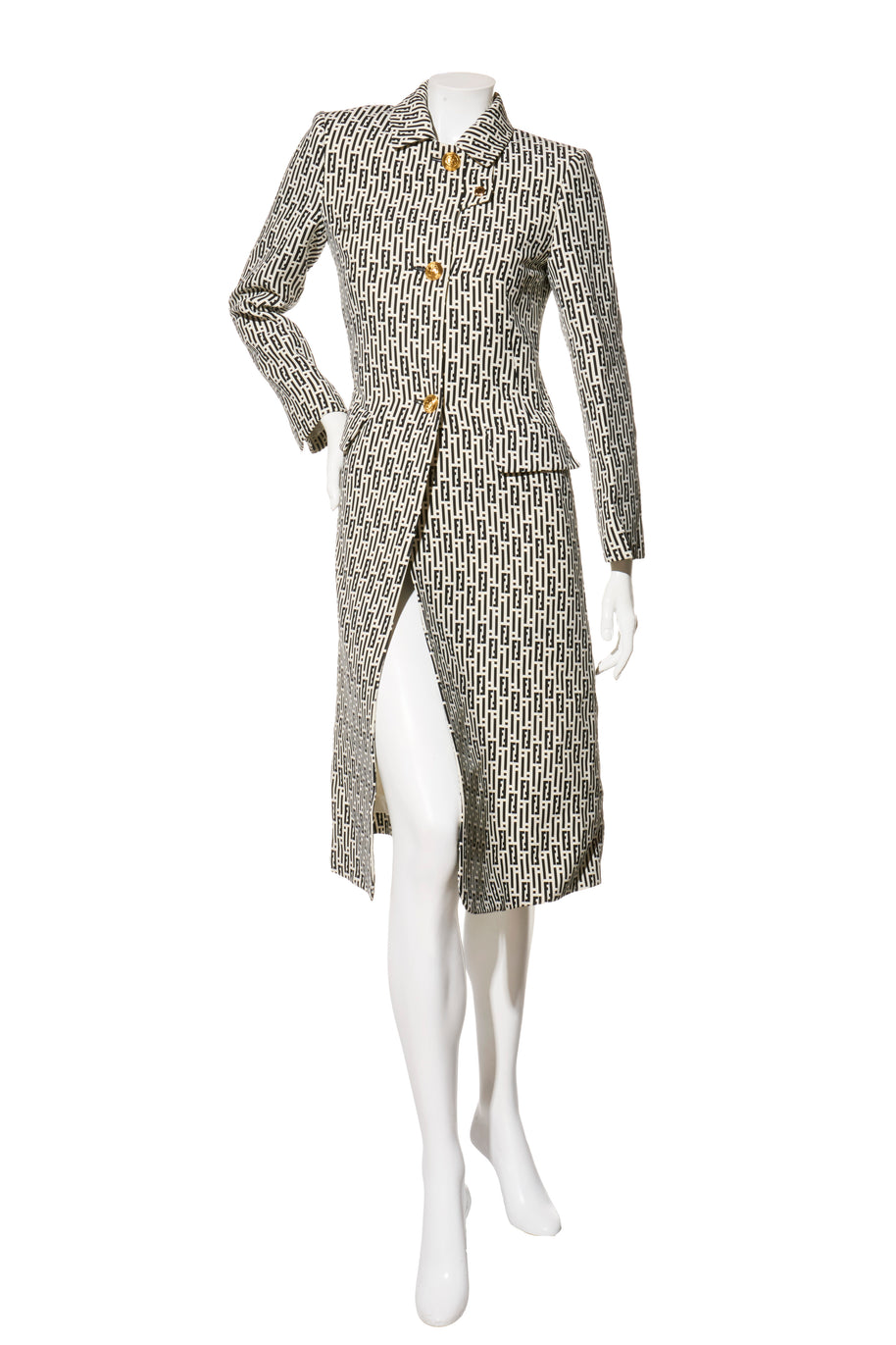 Fendi Pre-Fall 2012 Rare Black Ivory Monogram Wool Silk 3-Piece Skirt Suit Set (Coat, Blouse, Skirt)