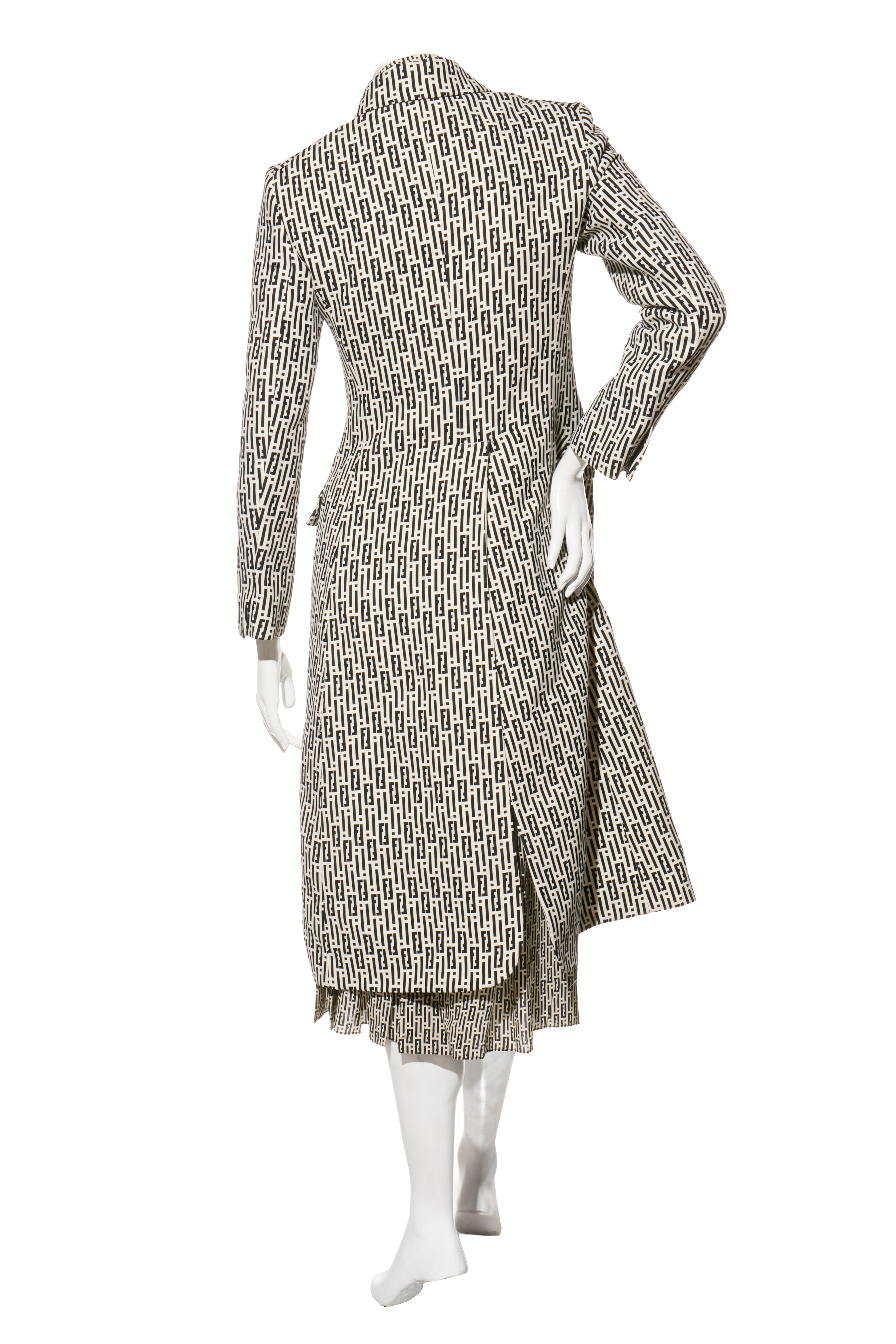 Fendi Pre-Fall 2012 Rare Black Ivory Monogram Wool Silk 3-Piece Skirt Suit Set (Coat, Blouse, Skirt)