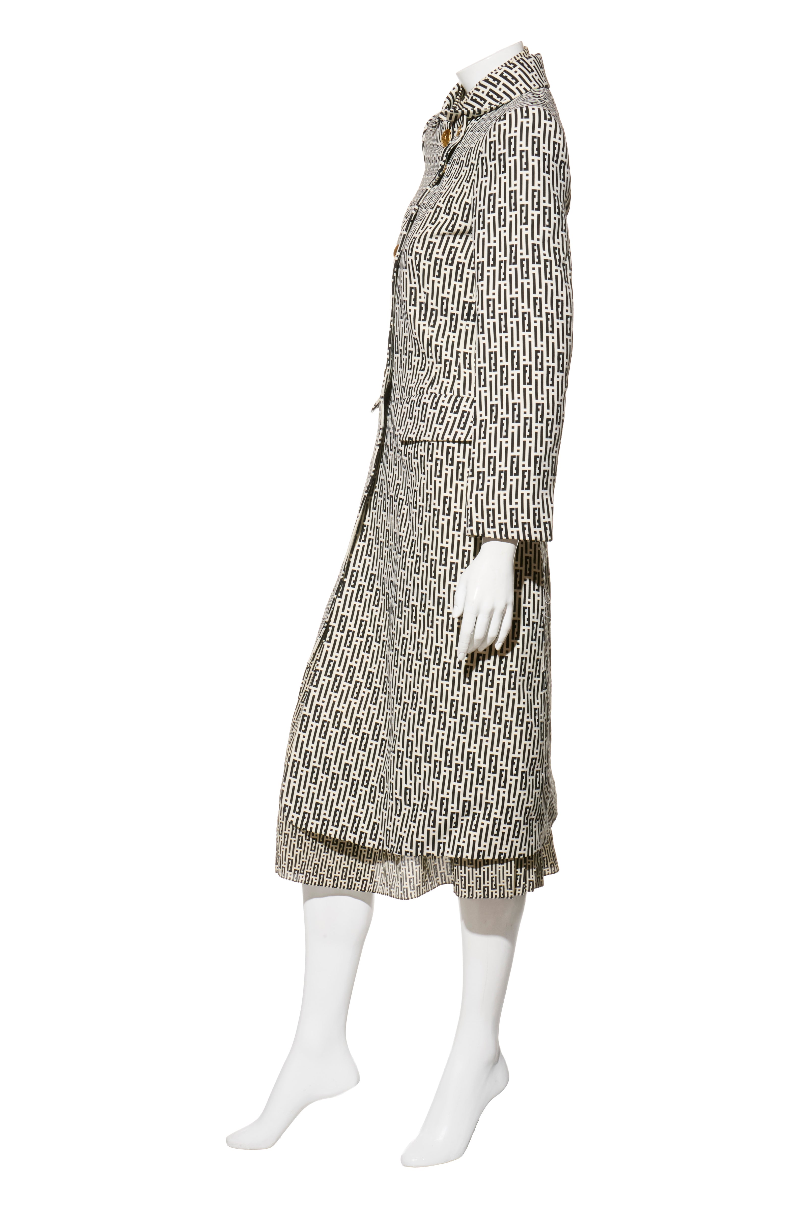 Fendi Pre-Fall 2012 Rare Black Ivory Monogram Wool Silk 3-Piece Skirt Suit Set (Coat, Blouse, Skirt)