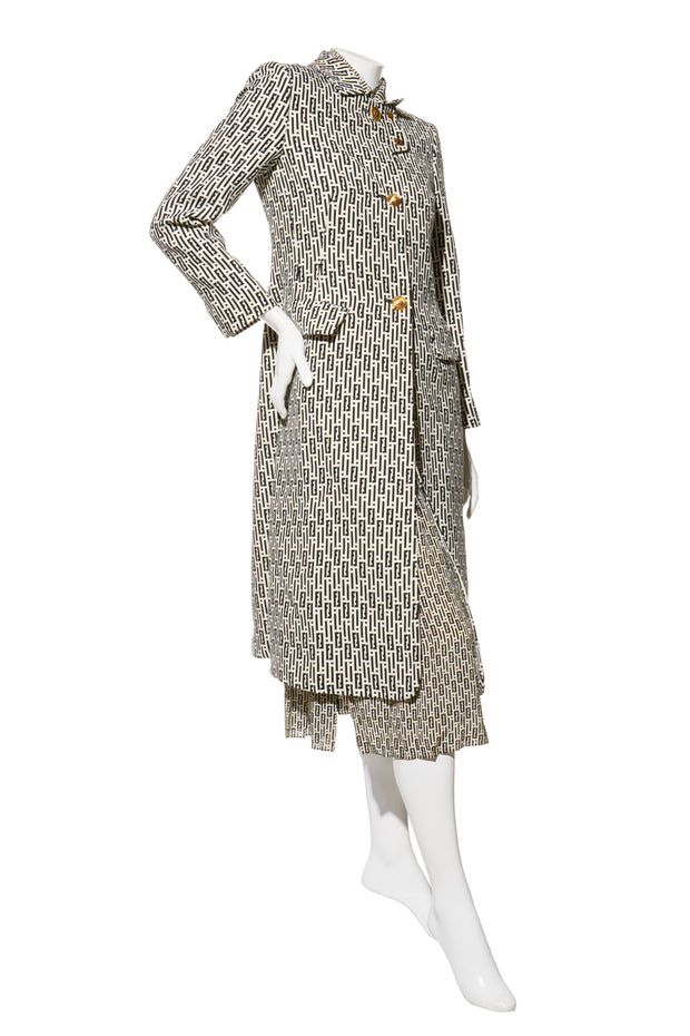 Fendi Pre-Fall 2012 Rare Black Ivory Monogram Wool Silk 3-Piece Skirt Suit Set (Coat, Blouse, Skirt)