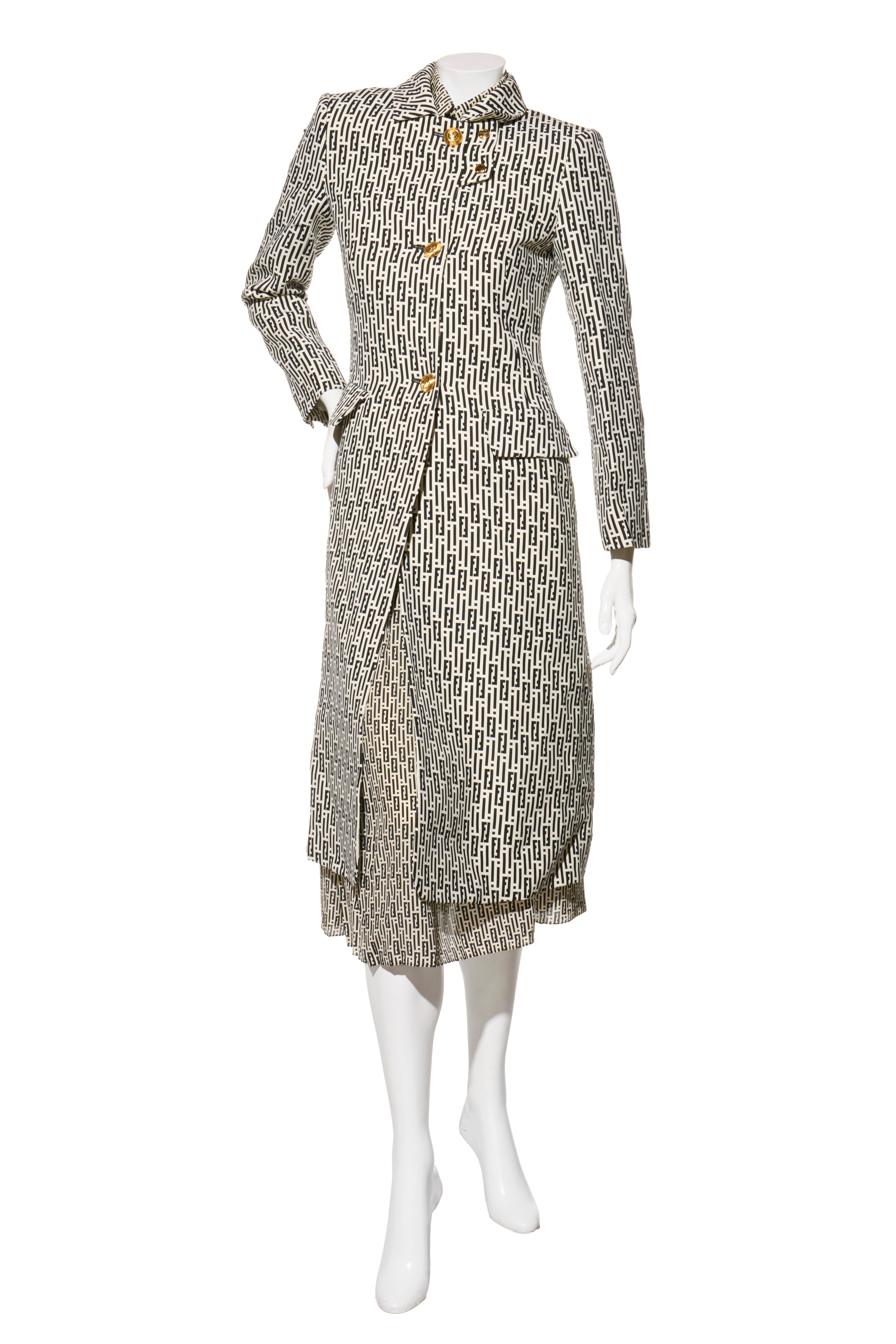 Fendi Pre-Fall 2012 Rare Black Ivory Monogram Wool Silk 3-Piece Skirt Suit Set (Coat, Blouse, Skirt)