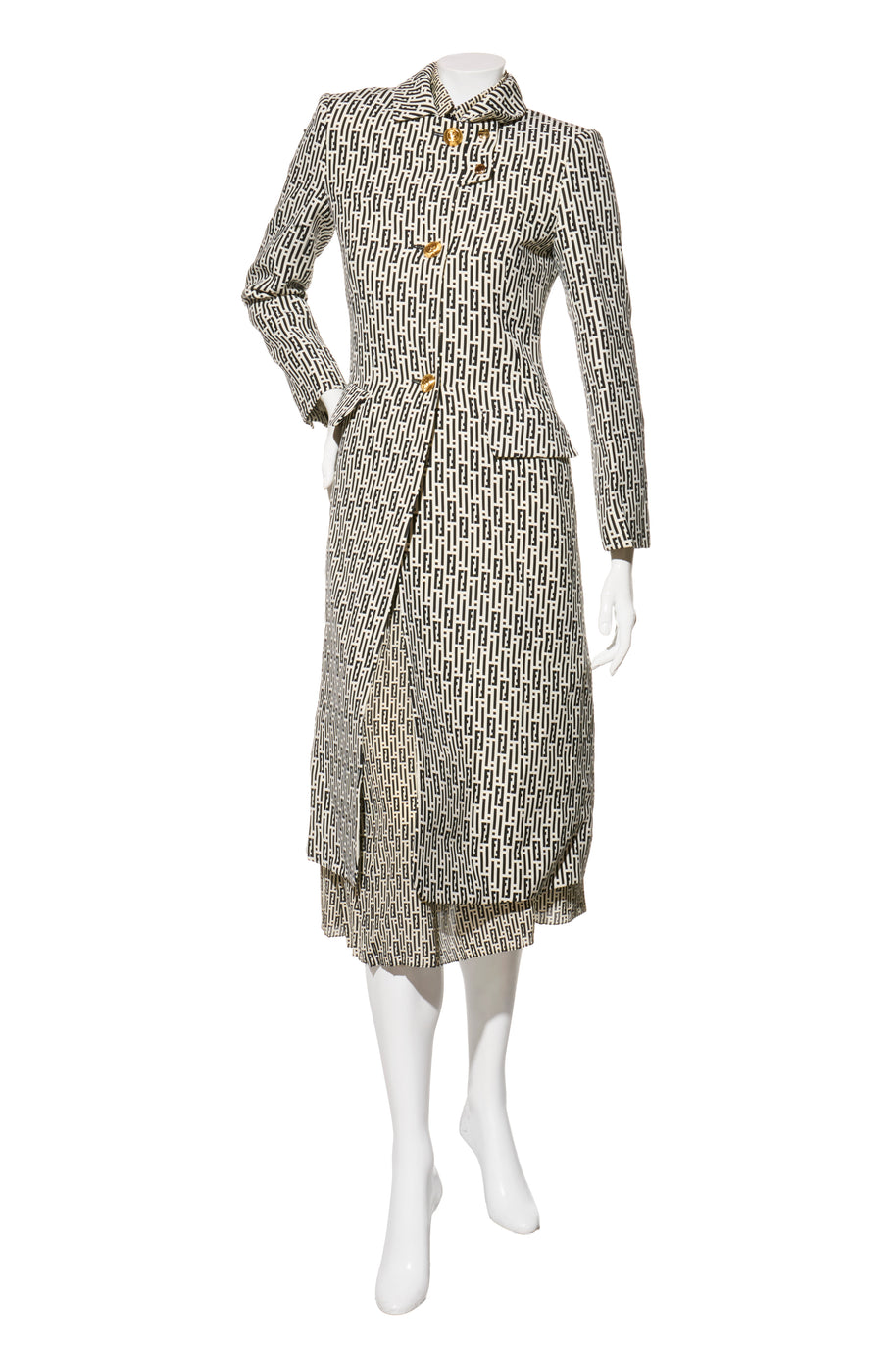 Fendi Pre-Fall 2012 Rare Black Ivory Monogram Wool Silk 3-Piece Skirt Suit Set (Coat, Blouse, Skirt)