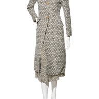 Fendi Pre-Fall 2012 Rare Black Ivory Monogram Wool Silk 3-Piece Skirt Suit Set (Coat, Blouse, Skirt)