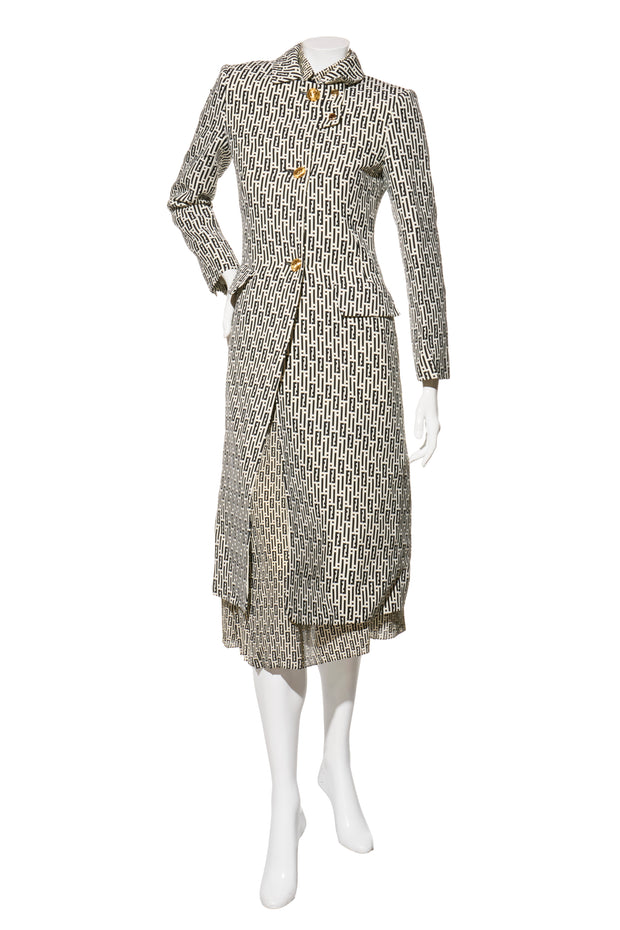 Fendi Pre-Fall 2012 Rare Black Ivory Monogram Wool Silk 3-Piece Skirt Suit Set (Coat, Blouse, Skirt)