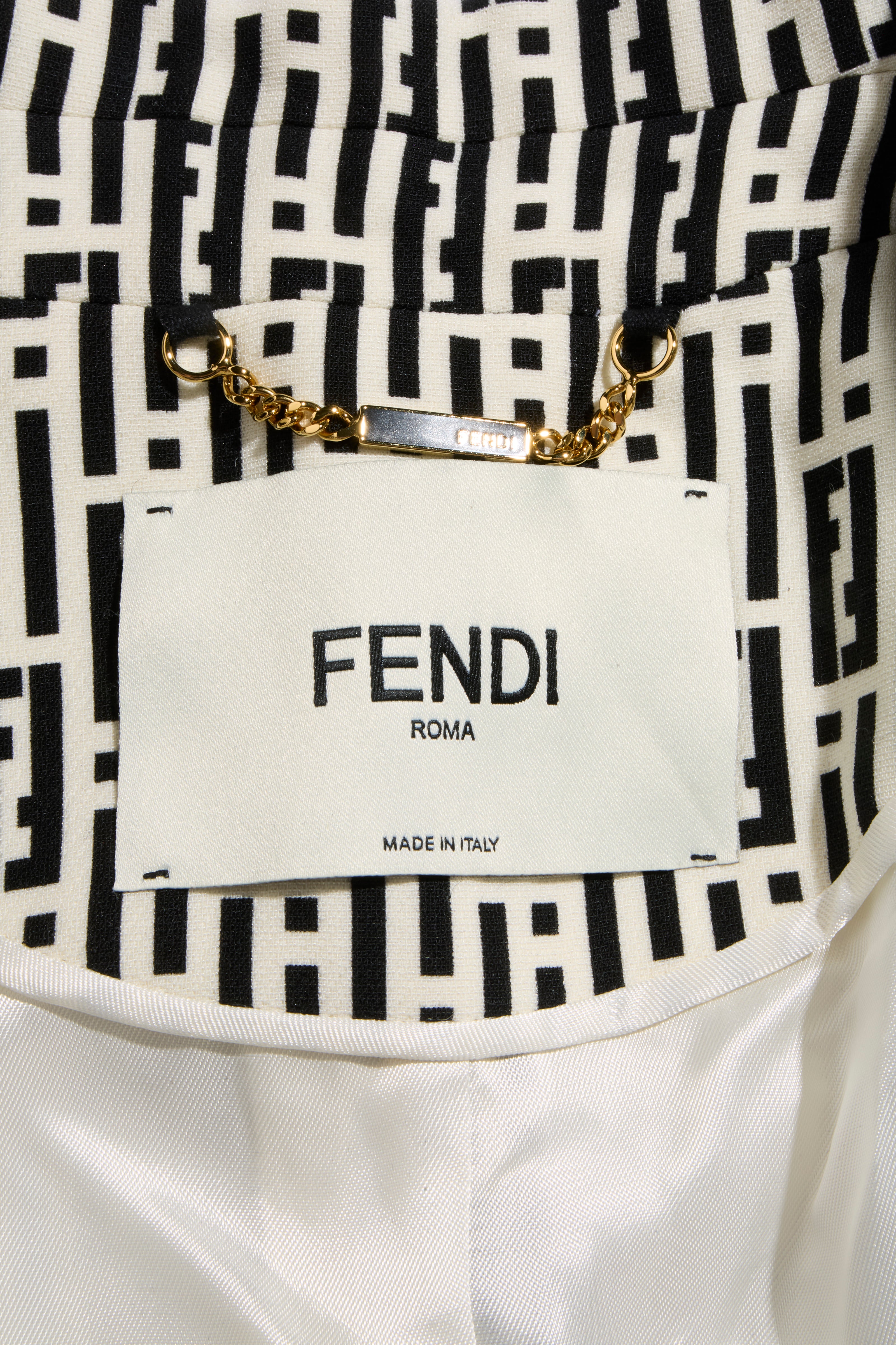 Fendi Pre-Fall 2012 Rare Black Ivory Monogram Wool Silk 3-Piece Skirt Suit Set (Coat, Blouse, Skirt)
