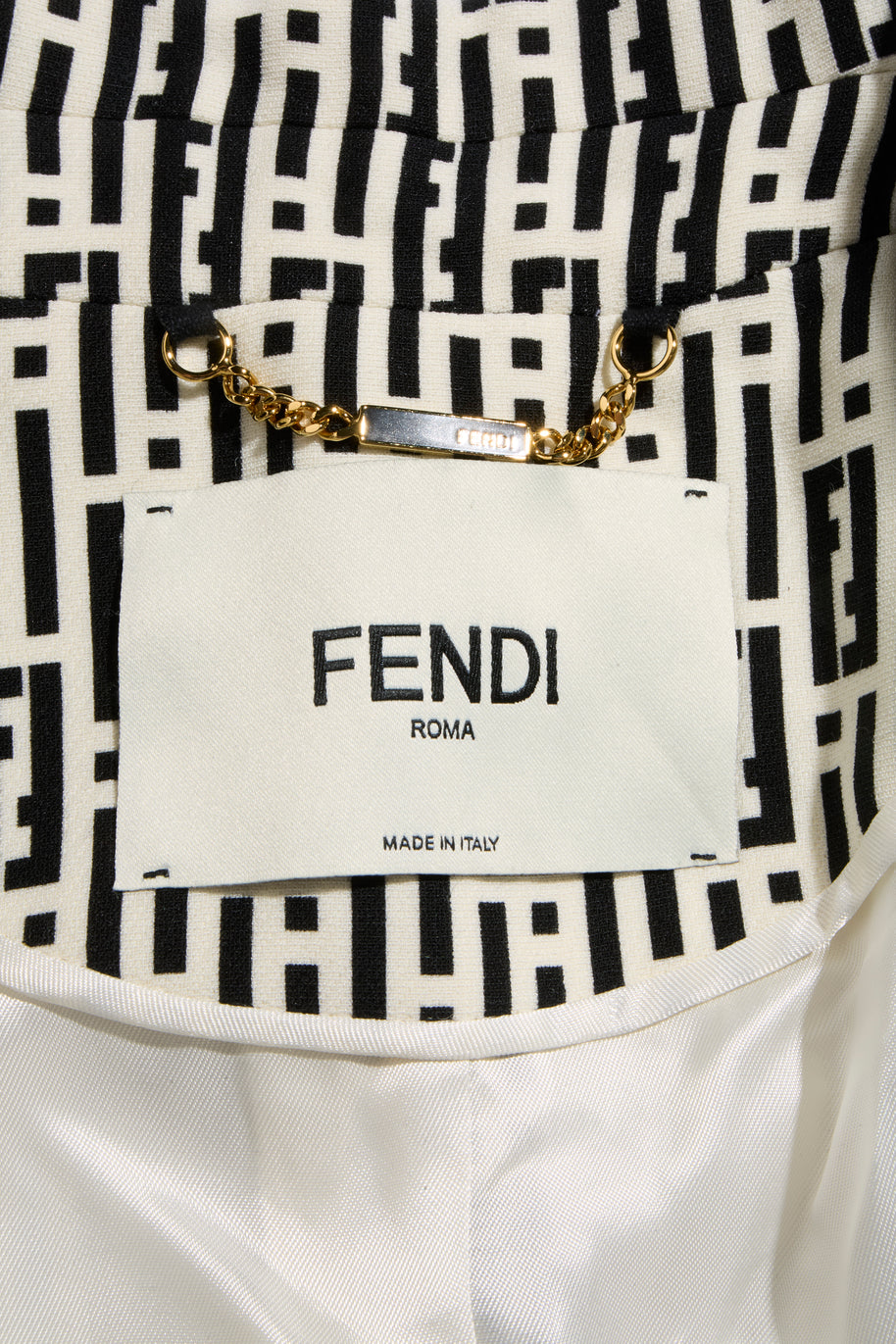 Fendi Pre-Fall 2012 Rare Black Ivory Monogram Wool Silk 3-Piece Skirt Suit Set (Coat, Blouse, Skirt)