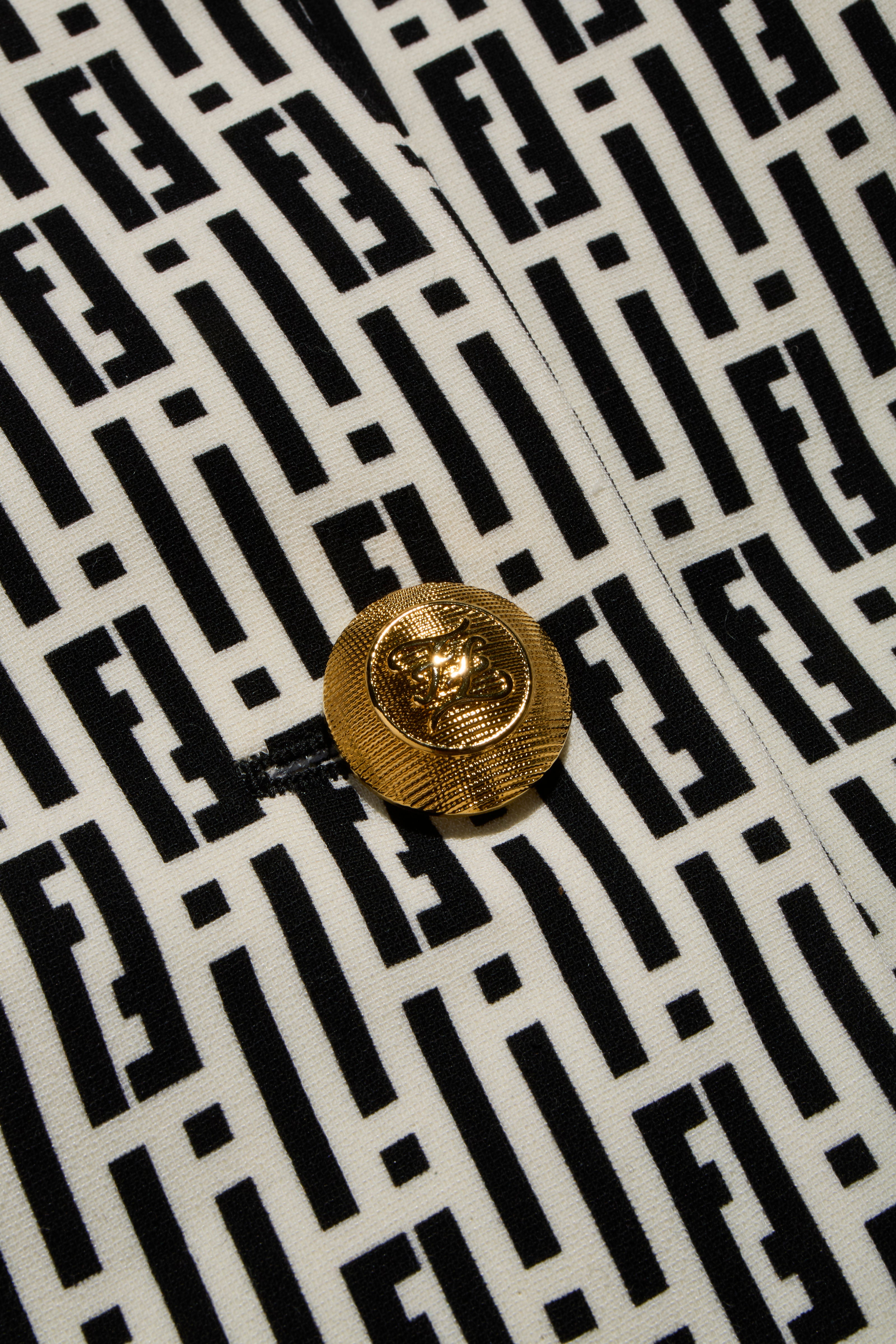 Fendi Pre-Fall 2012 Rare Black Ivory Monogram Wool Silk 3-Piece Skirt Suit Set (Coat, Blouse, Skirt)