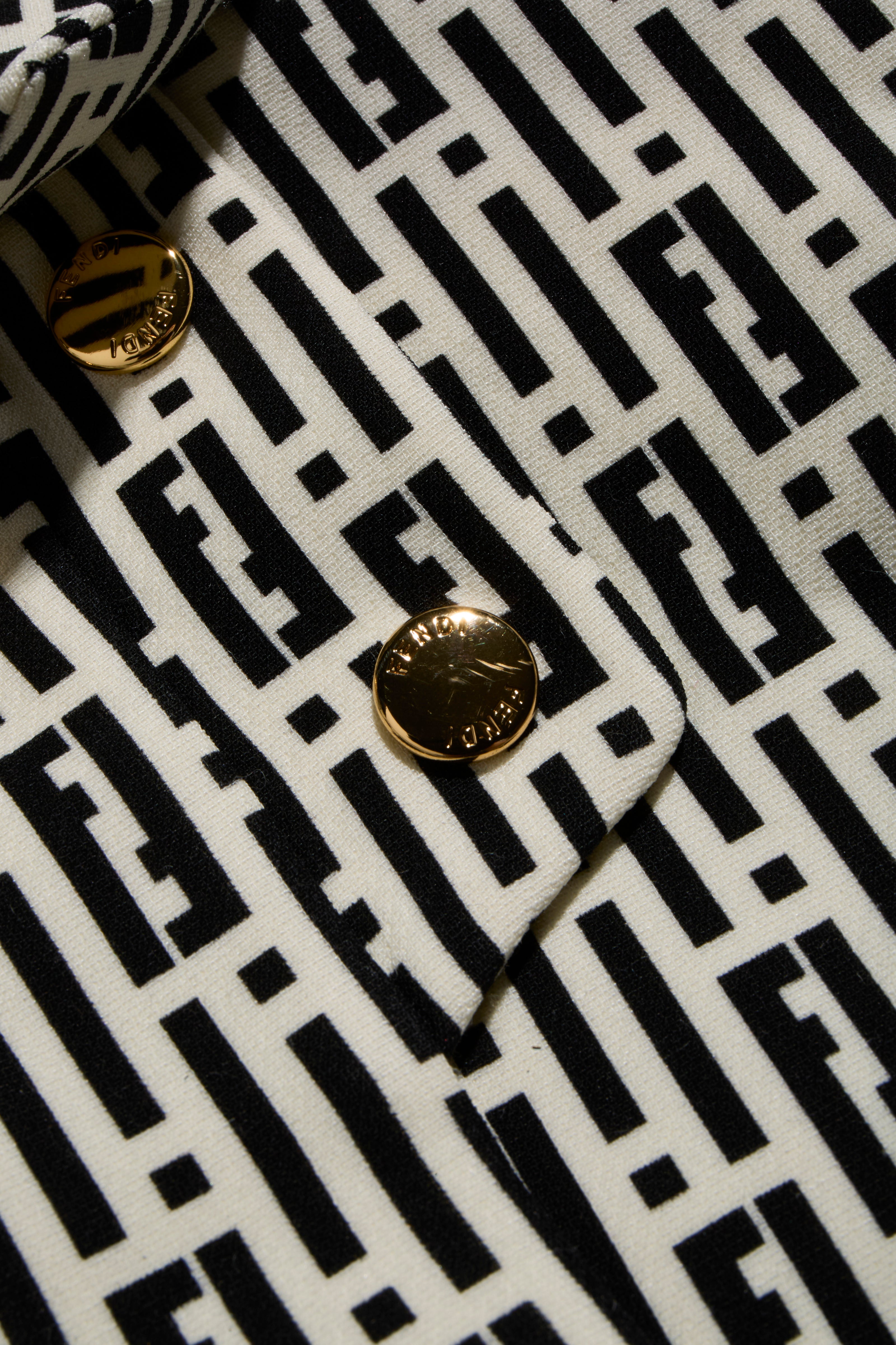 Fendi Pre-Fall 2012 Rare Black Ivory Monogram Wool Silk 3-Piece Skirt Suit Set (Coat, Blouse, Skirt)