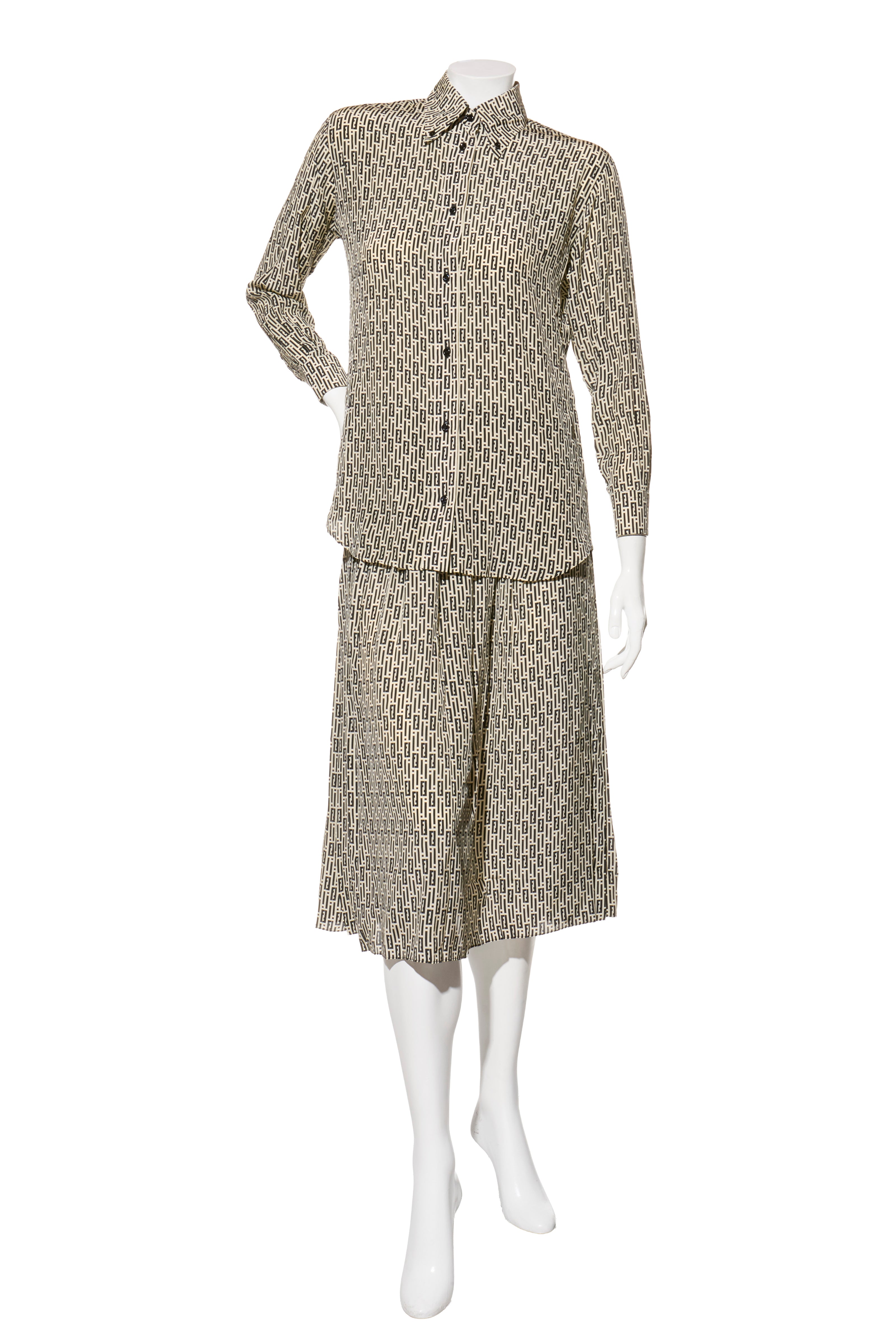 Fendi Pre-Fall 2012 Rare Black Ivory Monogram Wool Silk 3-Piece Skirt Suit Set (Coat, Blouse, Skirt)