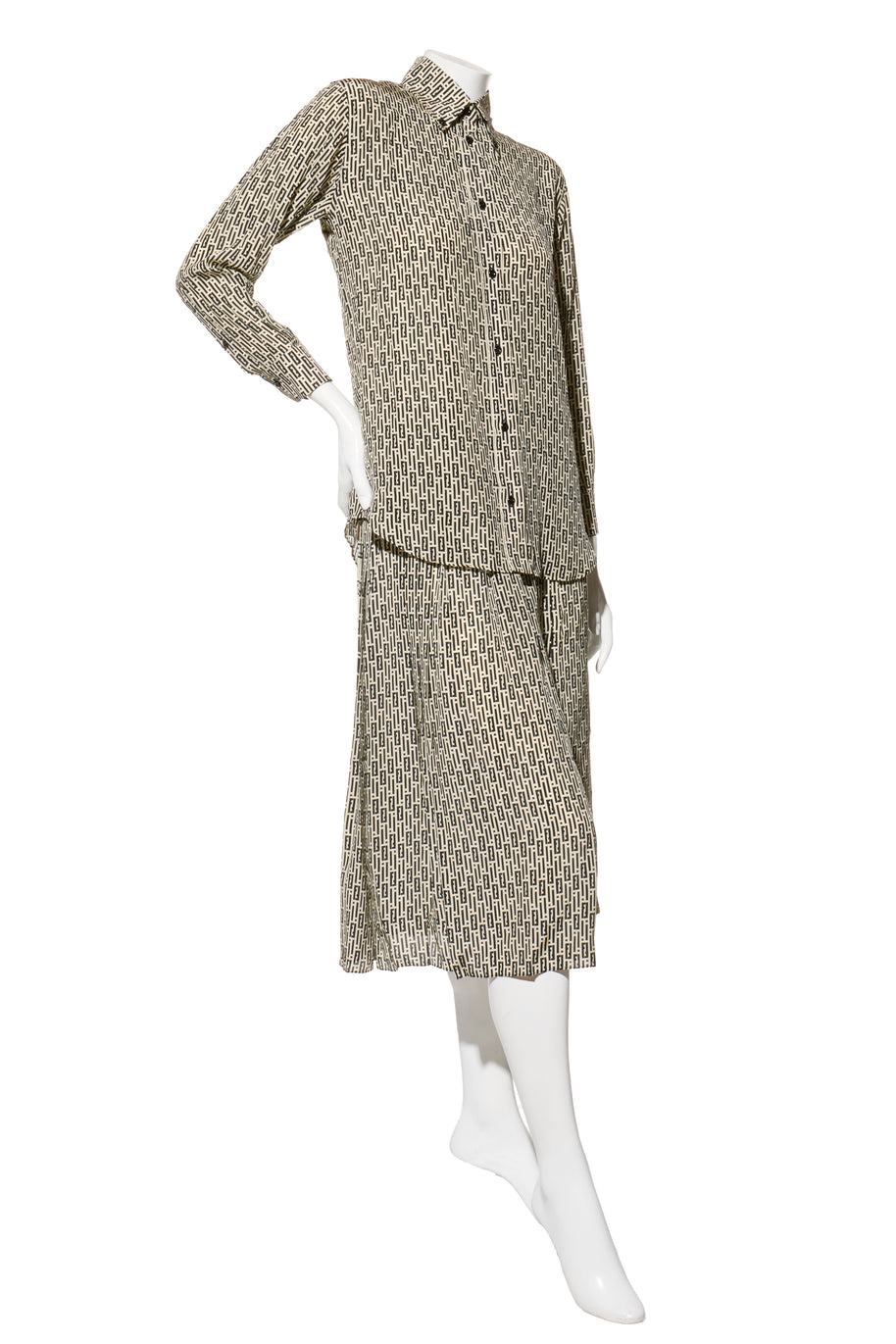 Fendi Pre-Fall 2012 Rare Black Ivory Monogram Wool Silk 3-Piece Skirt Suit Set (Coat, Blouse, Skirt)