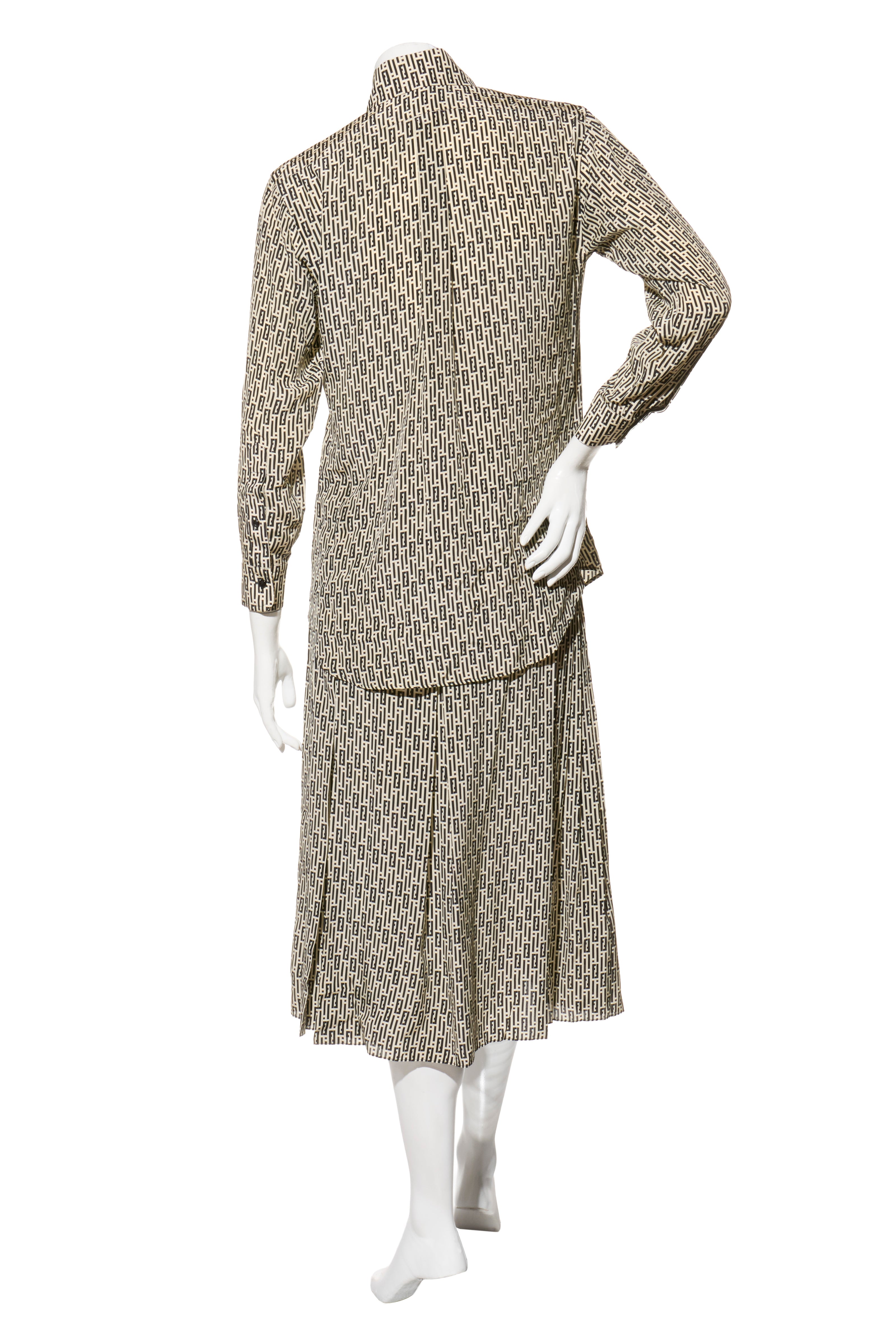 Fendi Pre-Fall 2012 Rare Black Ivory Monogram Wool Silk 3-Piece Skirt Suit Set (Coat, Blouse, Skirt)