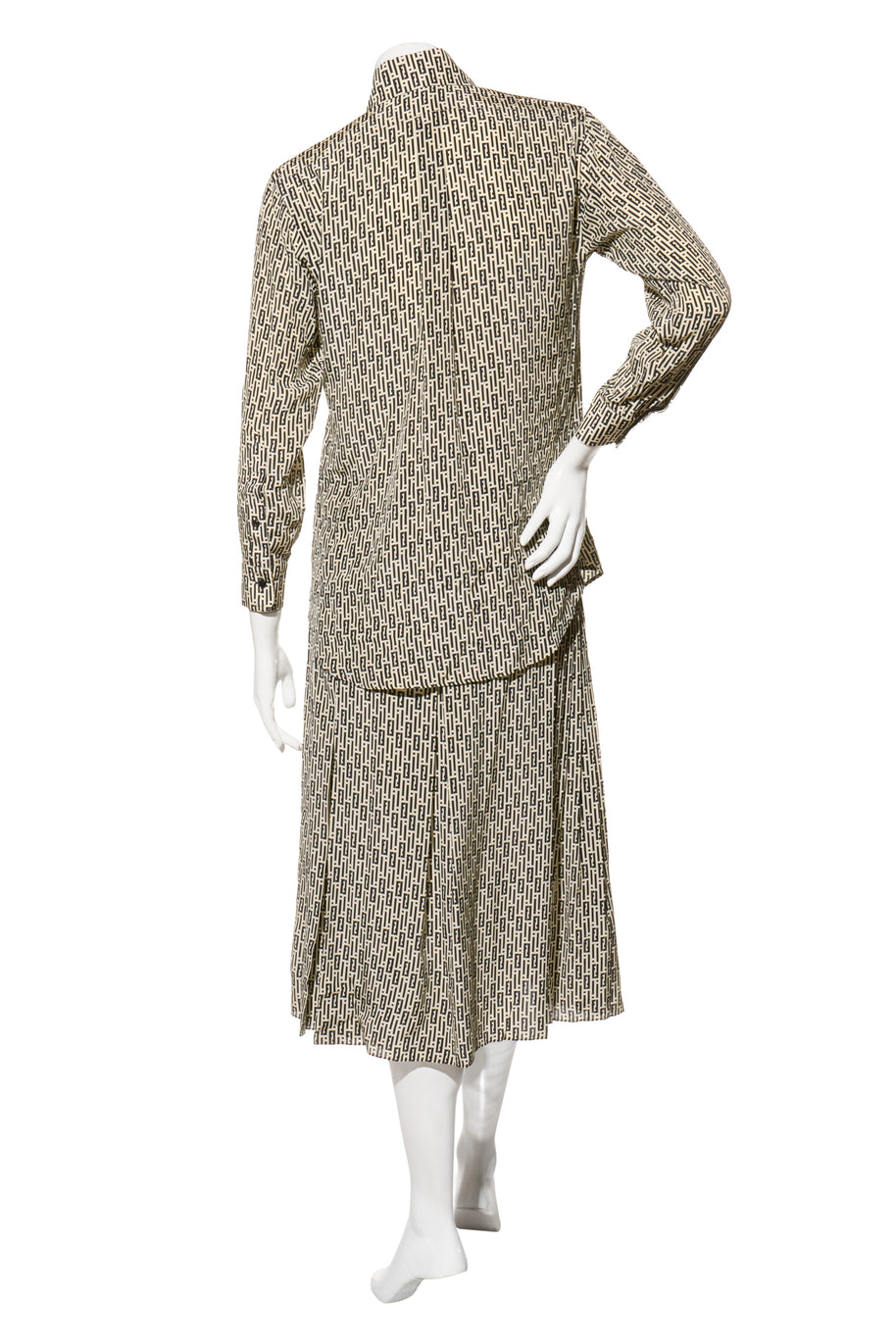 Fendi Pre-Fall 2012 Rare Black Ivory Monogram Wool Silk 3-Piece Skirt Suit Set (Coat, Blouse, Skirt)