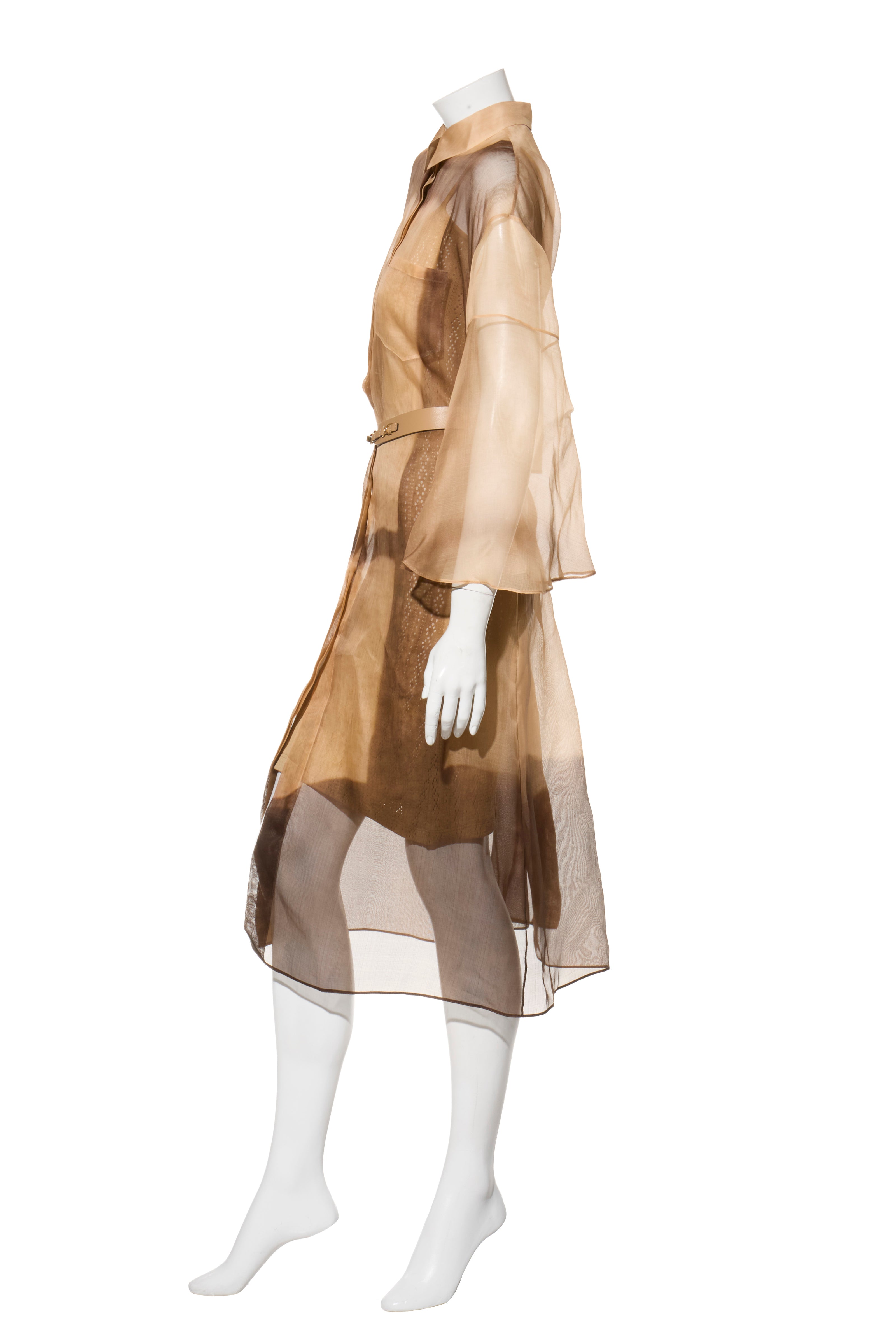 Fendi Pre-Fall 2021 Sheer Organza Shirt Dress Knit Slip & Leather Belt Set IT 40