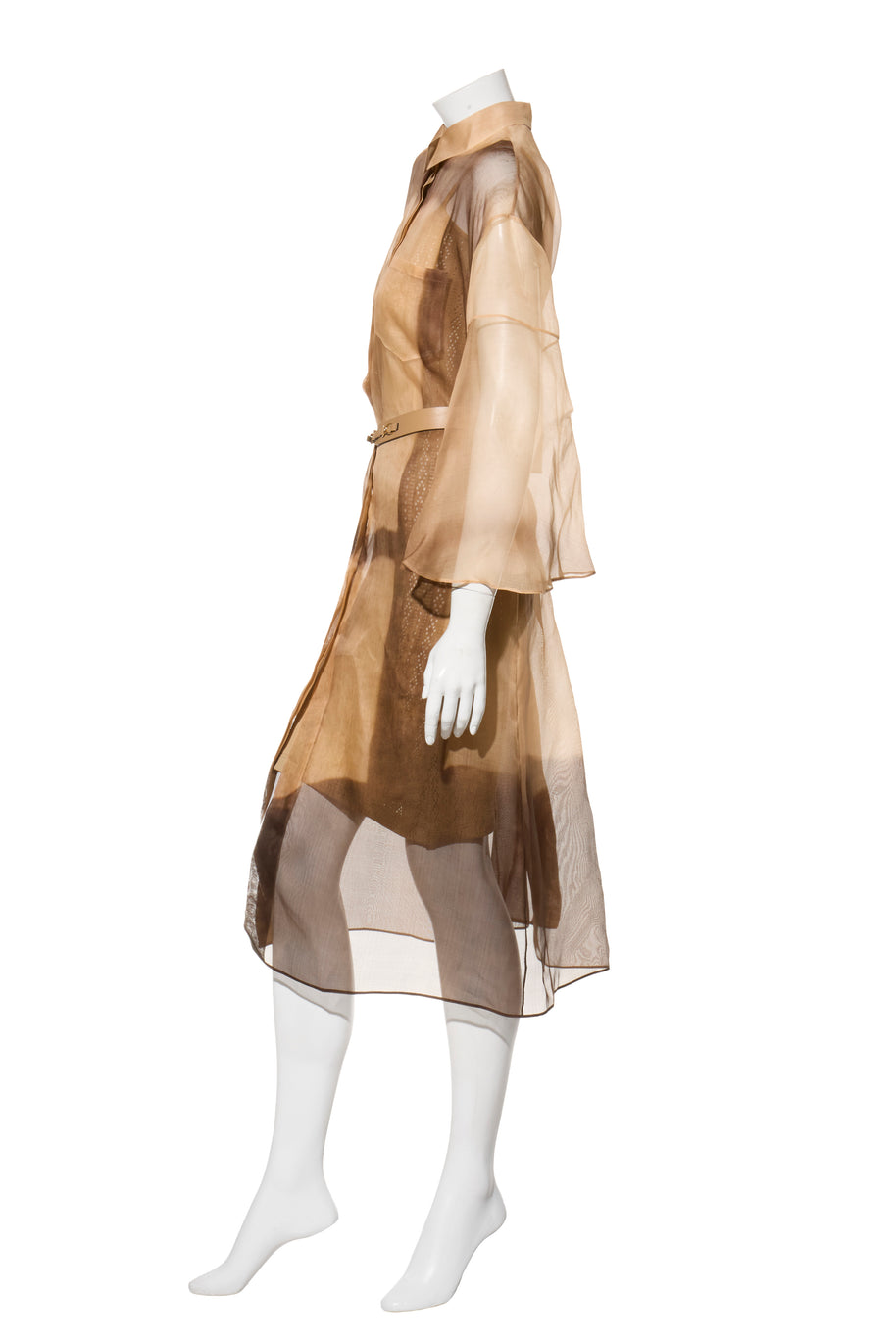 Fendi Pre-Fall 2021 Sheer Organza Shirt Dress Knit Slip & Leather Belt Set IT 40