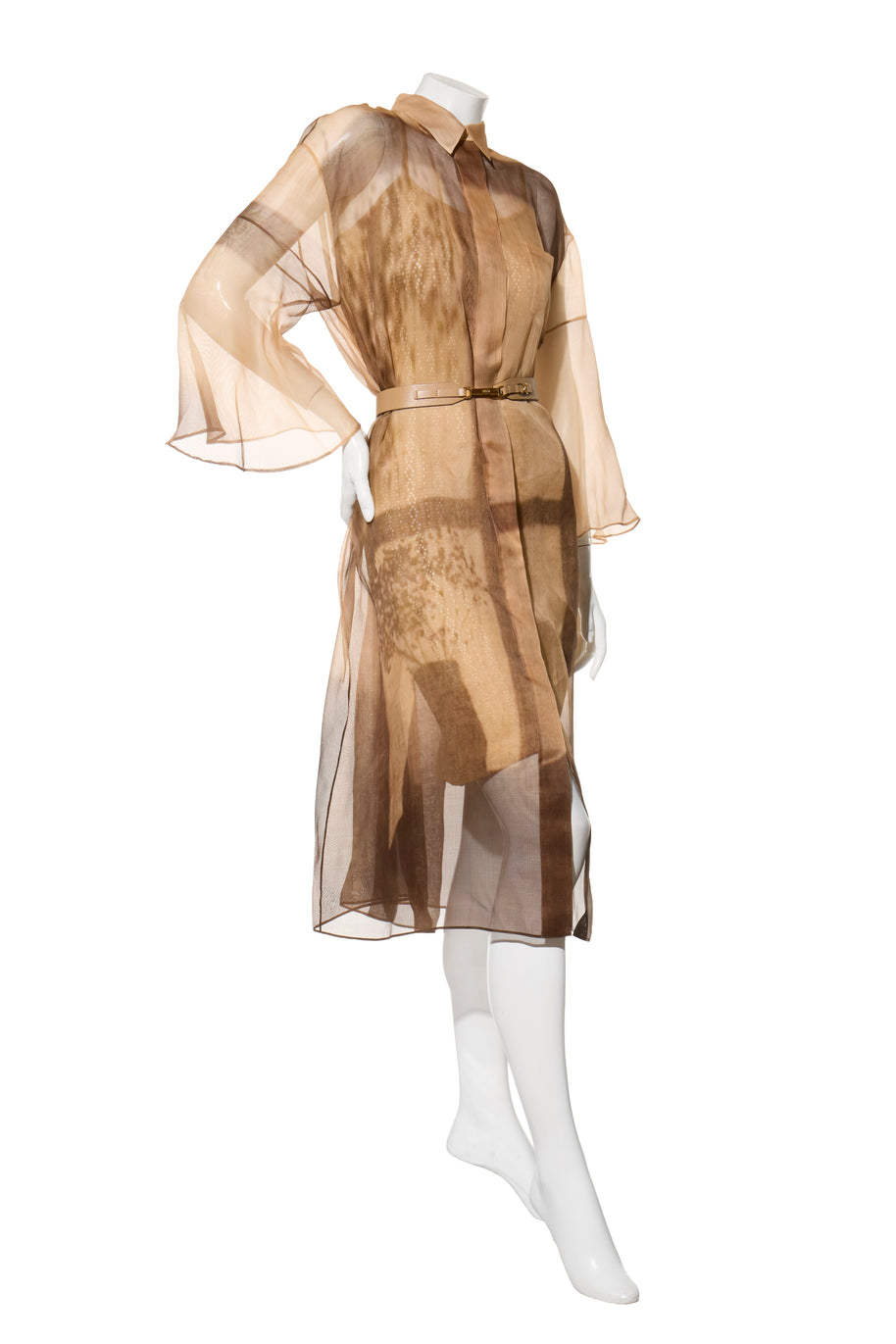 Fendi Pre-Fall 2021 Sheer Organza Shirt Dress Knit Slip & Leather Belt Set IT 40