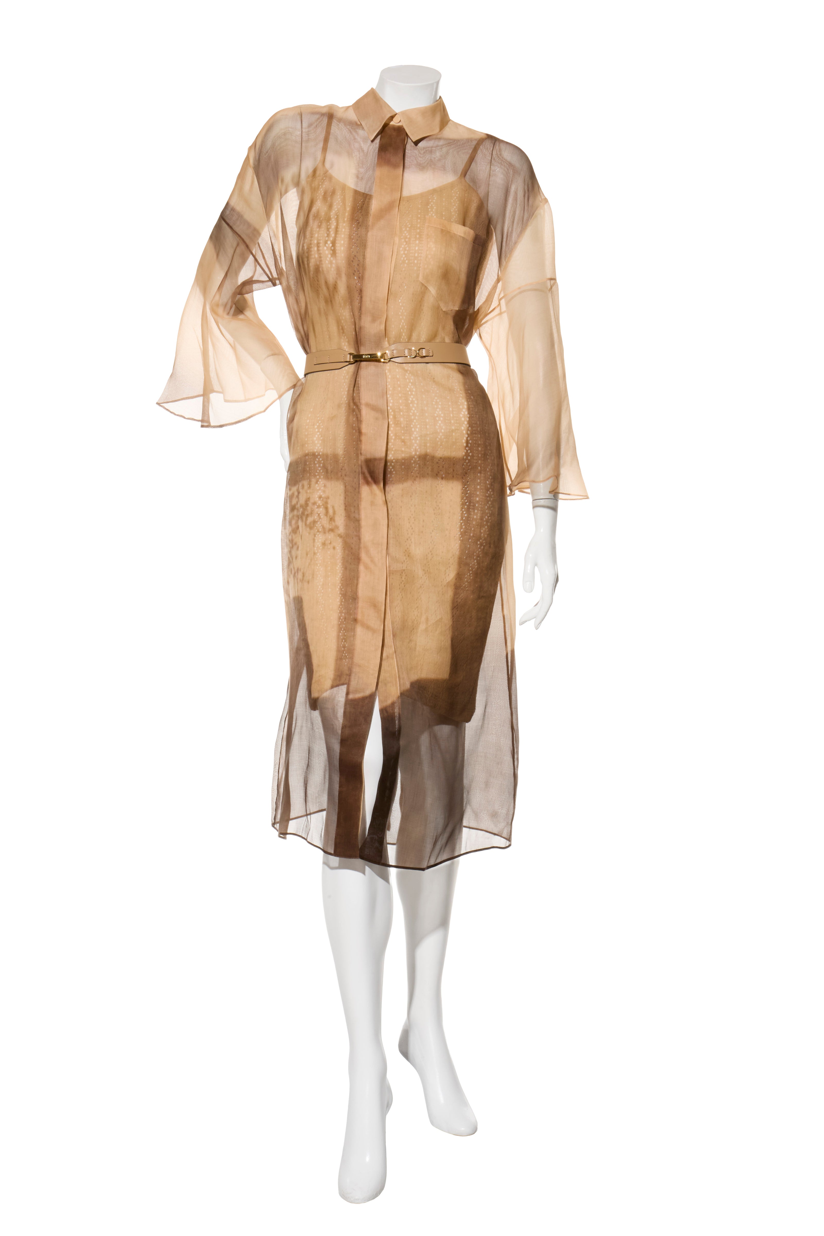 Fendi Pre-Fall 2021 Sheer Organza Shirt Dress Knit Slip & Leather Belt Set IT 40