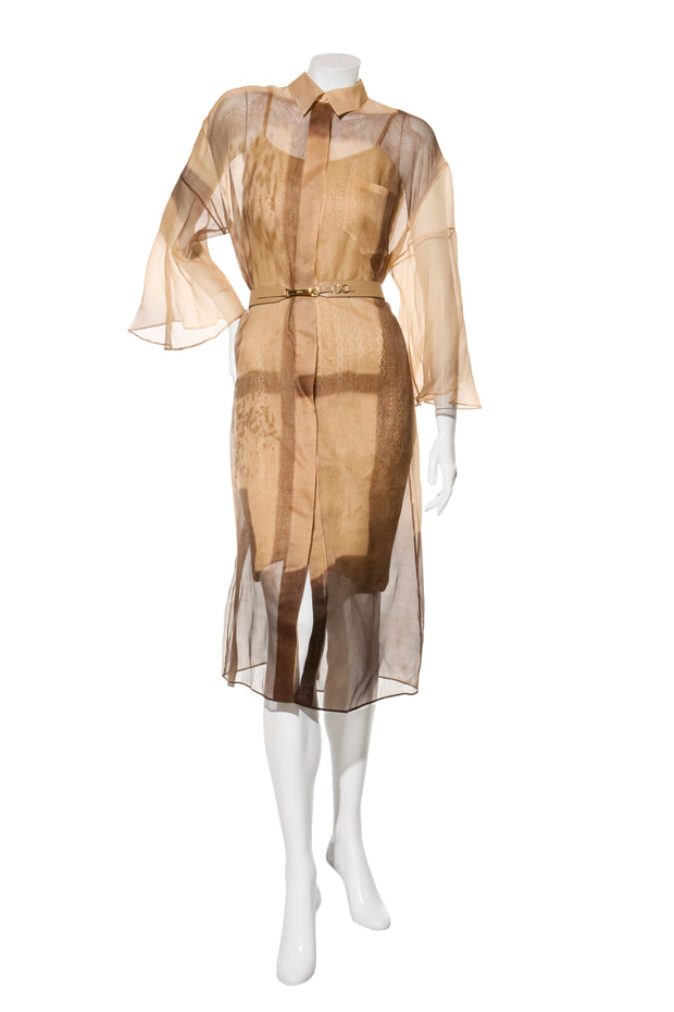 Fendi Pre-Fall 2021 Sheer Organza Shirt Dress Knit Slip & Leather Belt Set IT 40