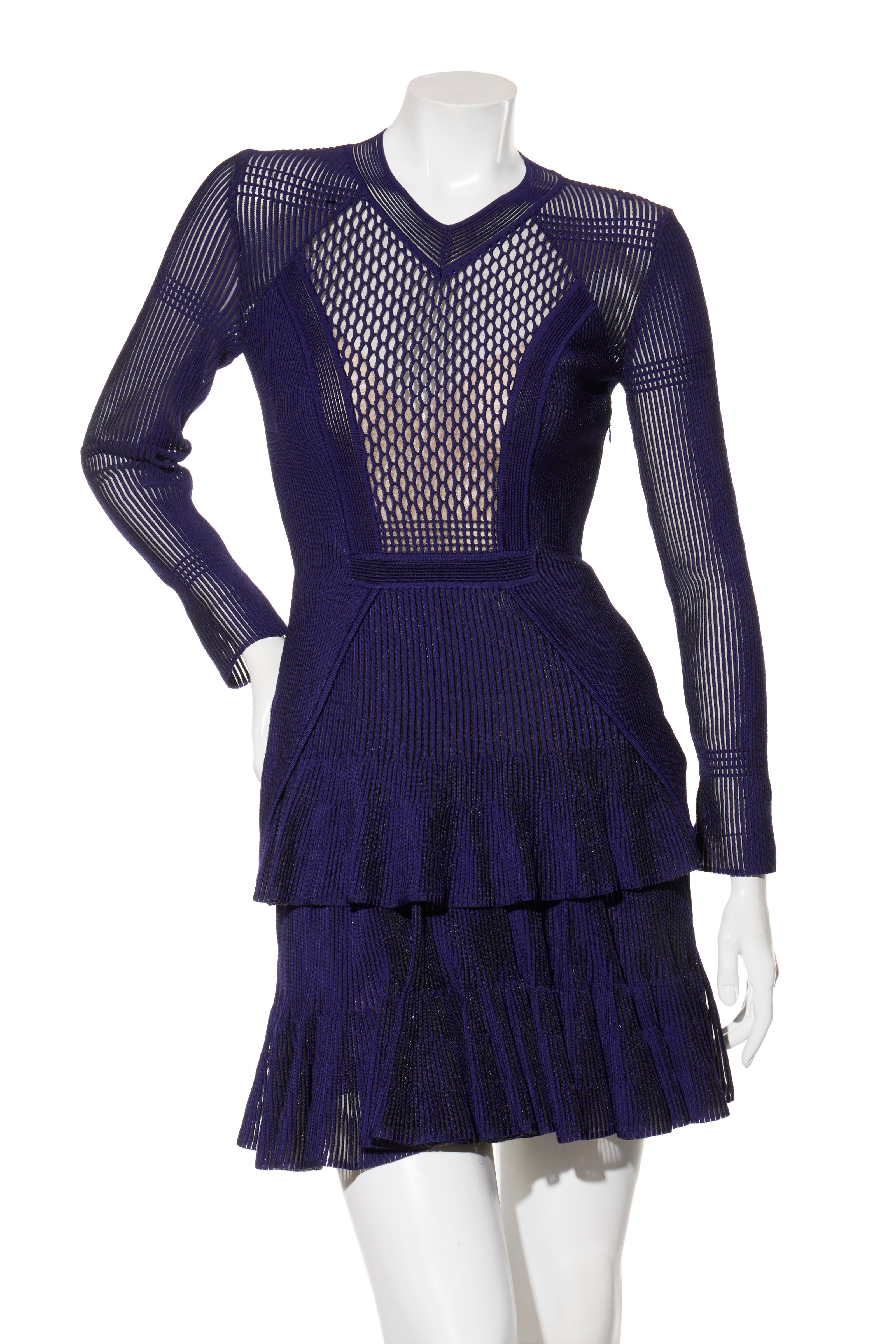 Givenchy Fall/Winter 2022 Runway Violet Mesh Rib Knit Pleated Tiered Mini Dress Size Small