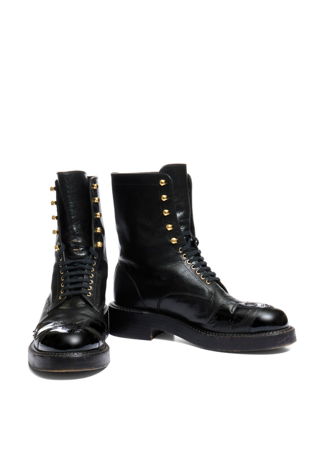Chanel FW13 “Paris Edinburgh” Black Calfskin Combat Boots Size 38
