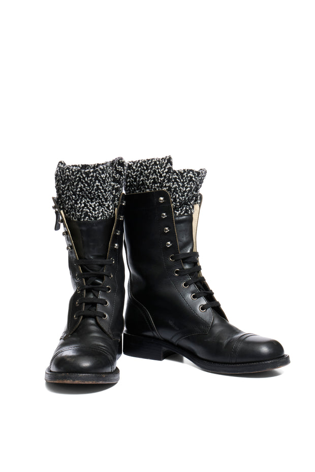 CHANEL FW13 Black Leather Combat Boots with Tweed Knit Cuff Size 38.5