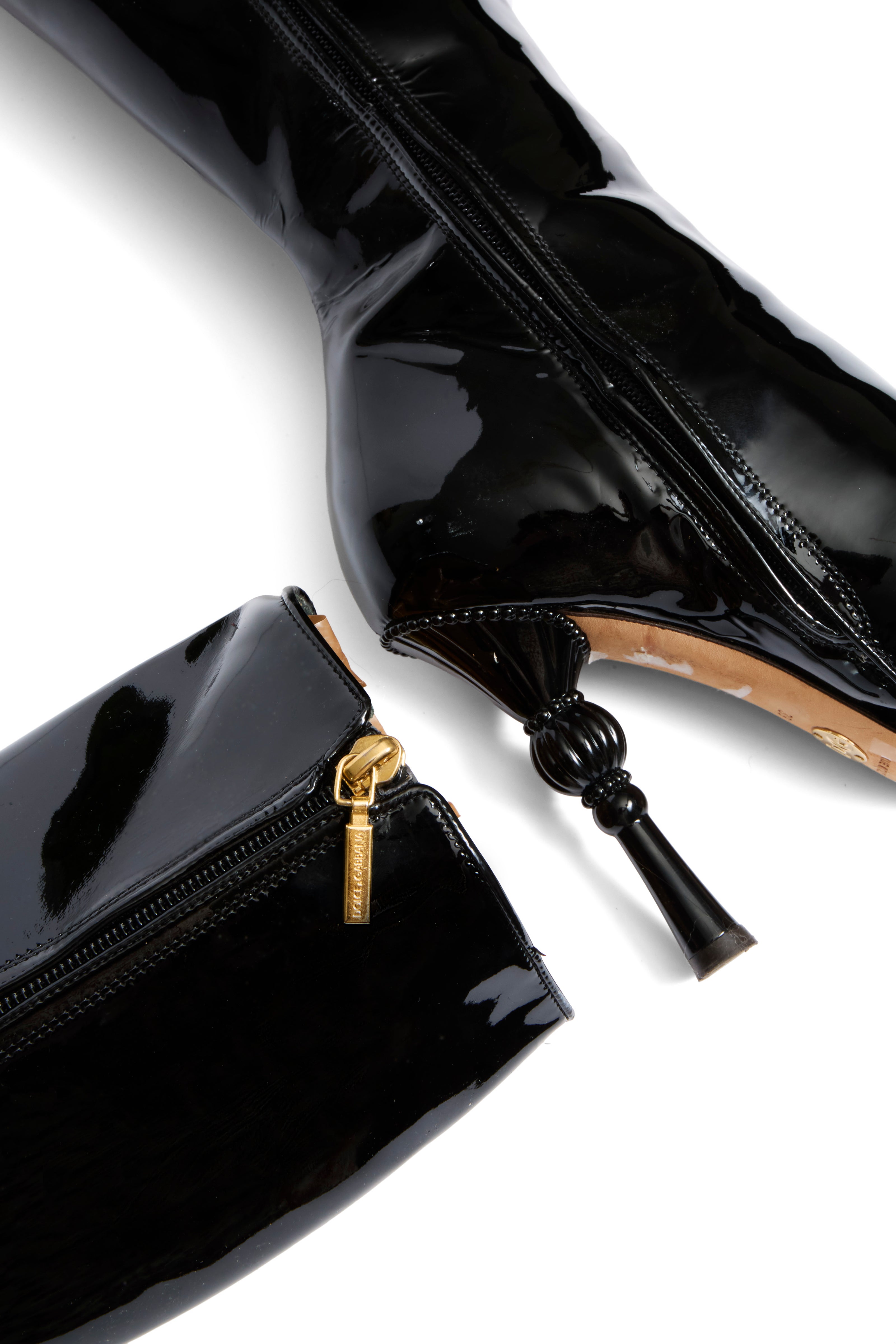 Dolce Gabbana FW07 Patent Leather Baroque-Heel Knee-High Boots Size 39