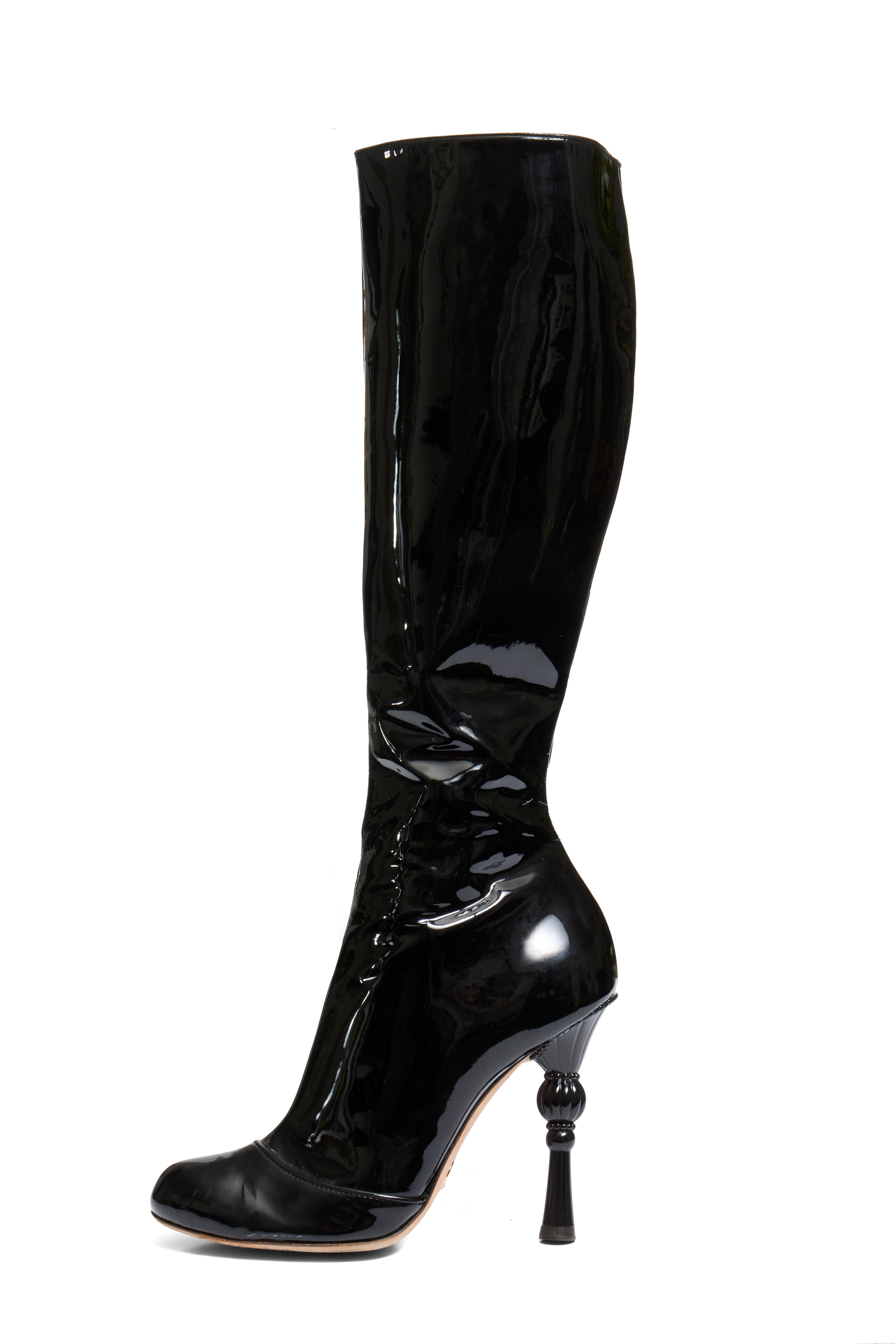 Dolce Gabbana FW07 Patent Leather Baroque-Heel Knee-High Boots Size 39