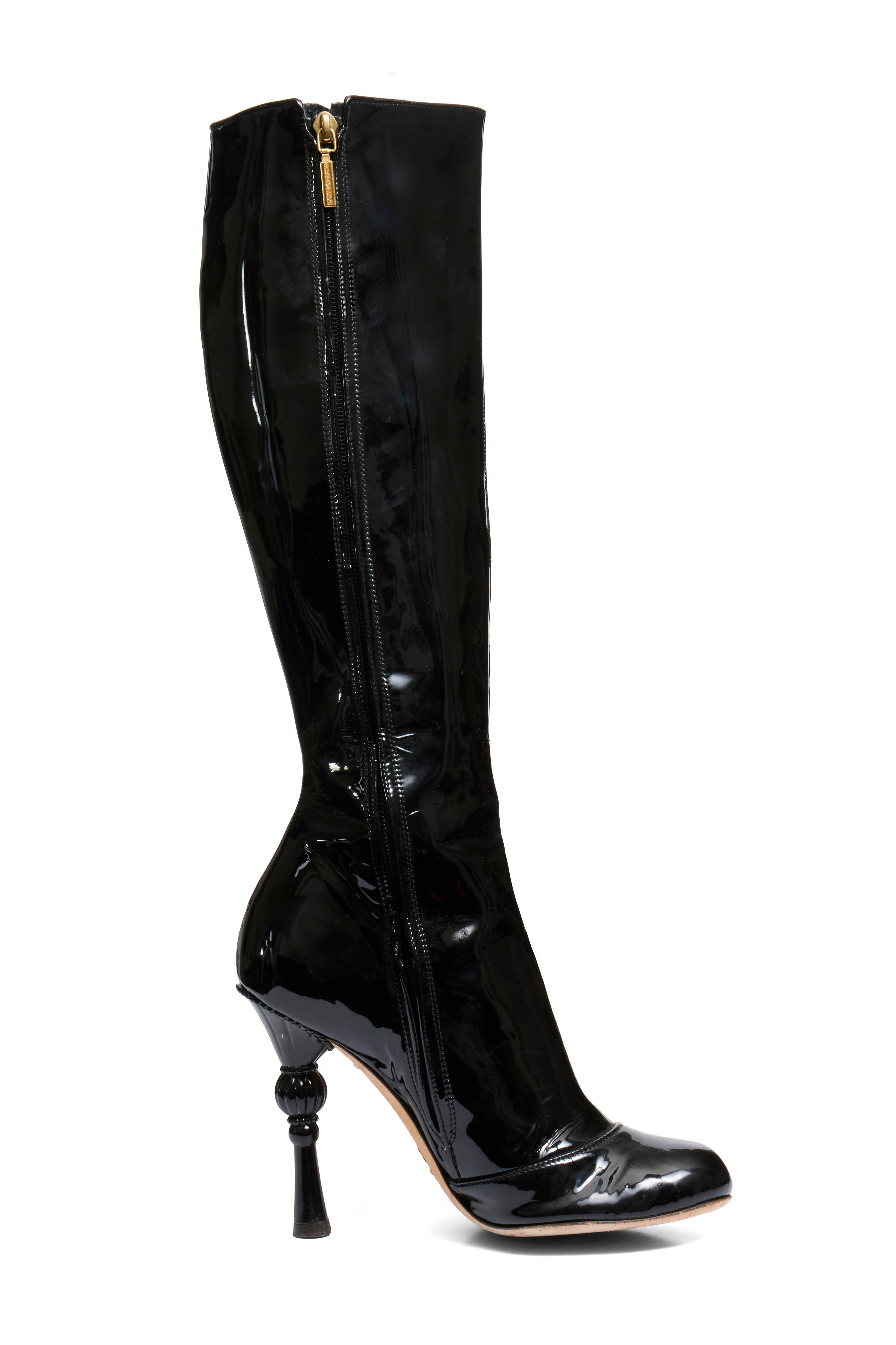 Dolce Gabbana FW07 Patent Leather Baroque-Heel Knee-High Boots Size 39